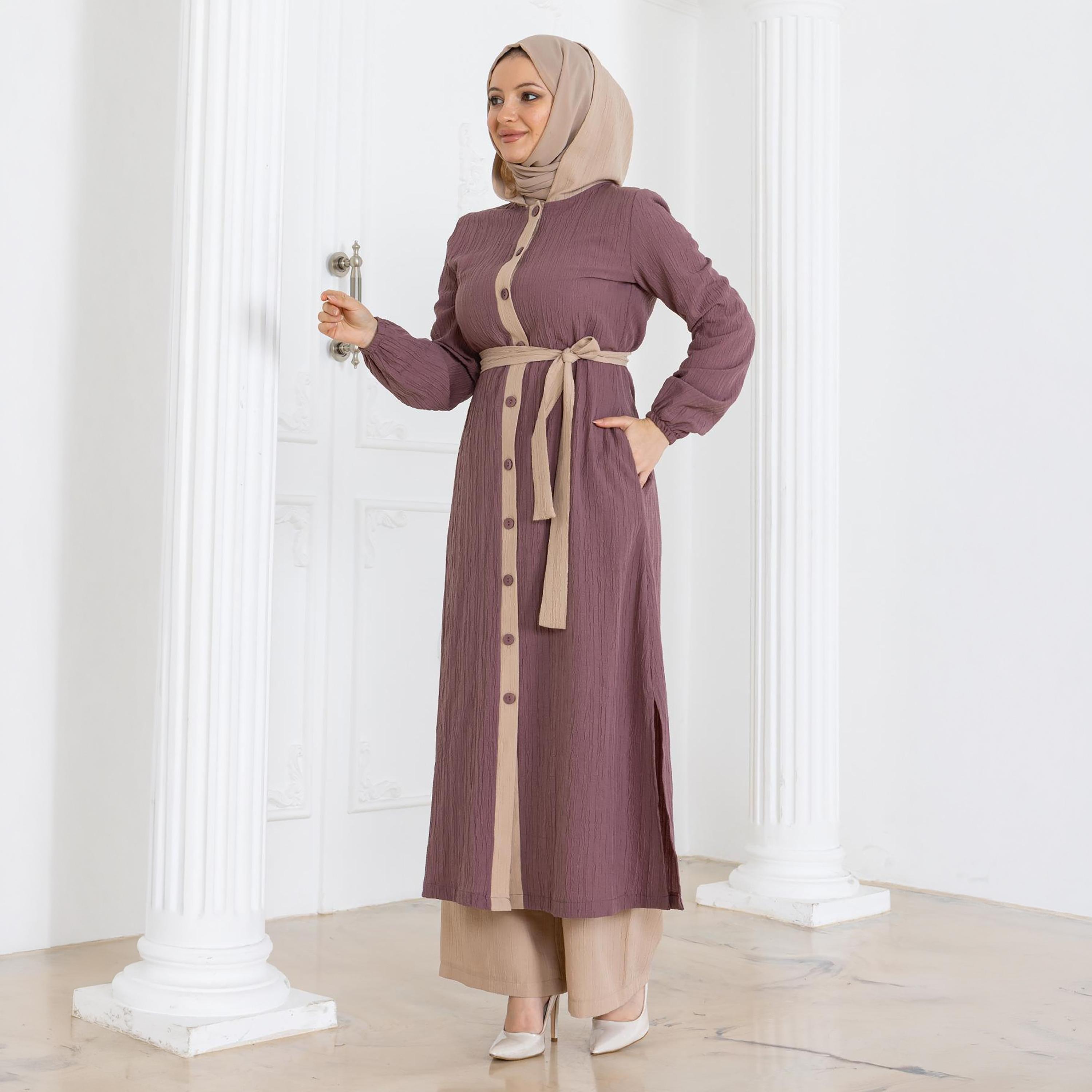 طقم نسائي من تونيك طويل وبنطلون مجعد باللون الوردي من توركيش سوق-women-clothing-coordsets-image-2
