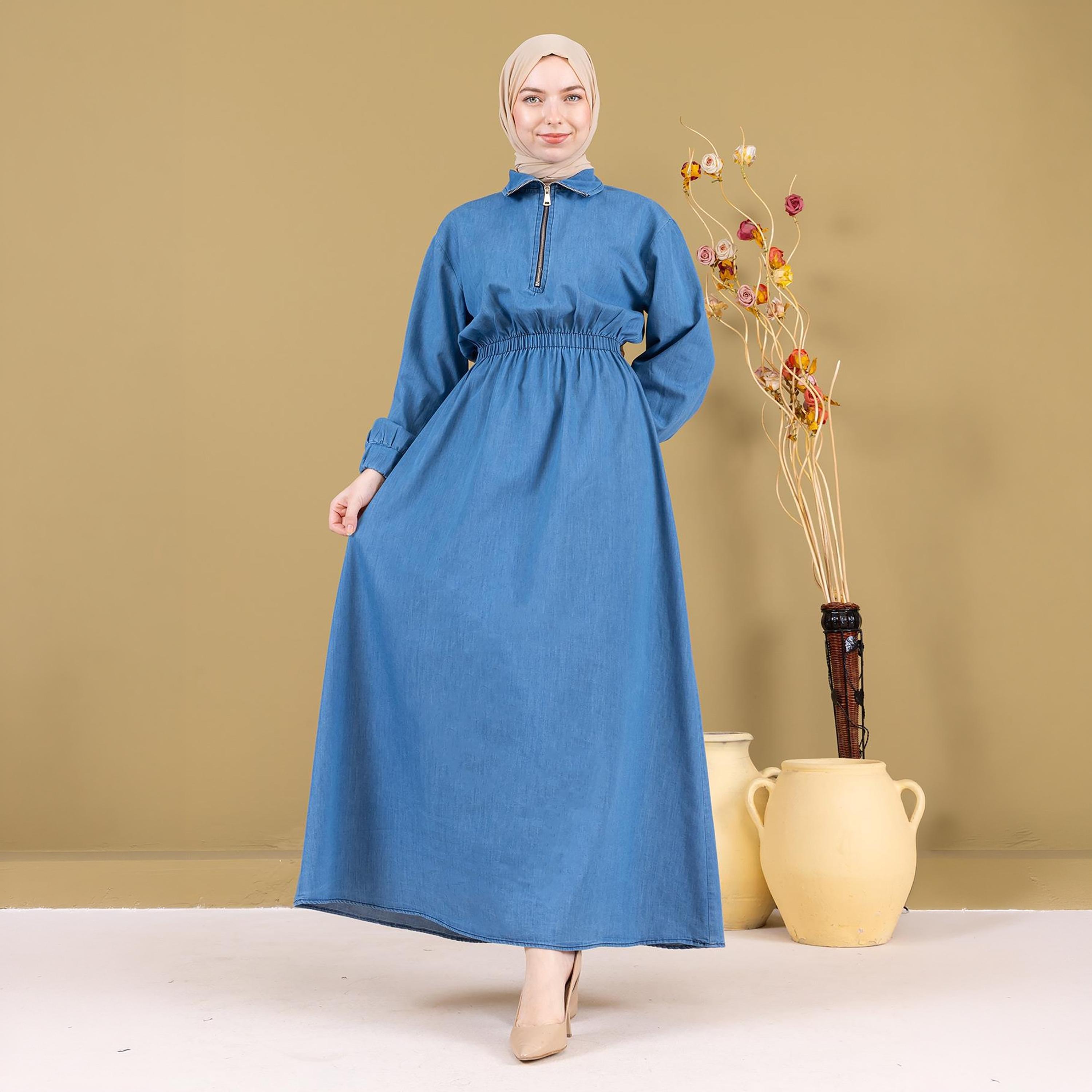 Turkish Souq Elasticated Cuff Sleeves Women's Maxi Modest Dress in Denim-women-clothing-dresses-image-1