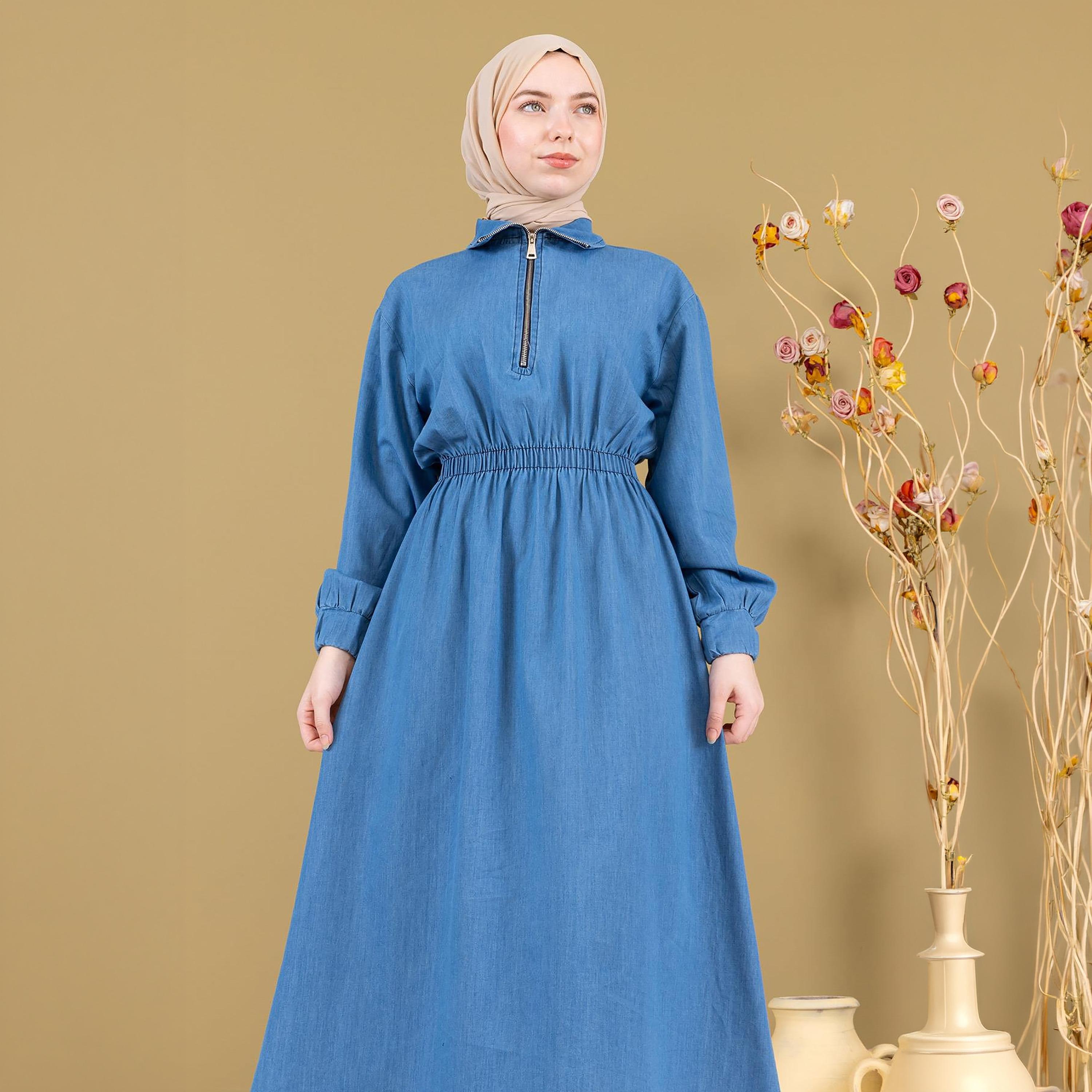 Turkish Souq Elasticated Cuff Sleeves Women's Maxi Modest Dress in Denim-women-clothing-dresses-image-2