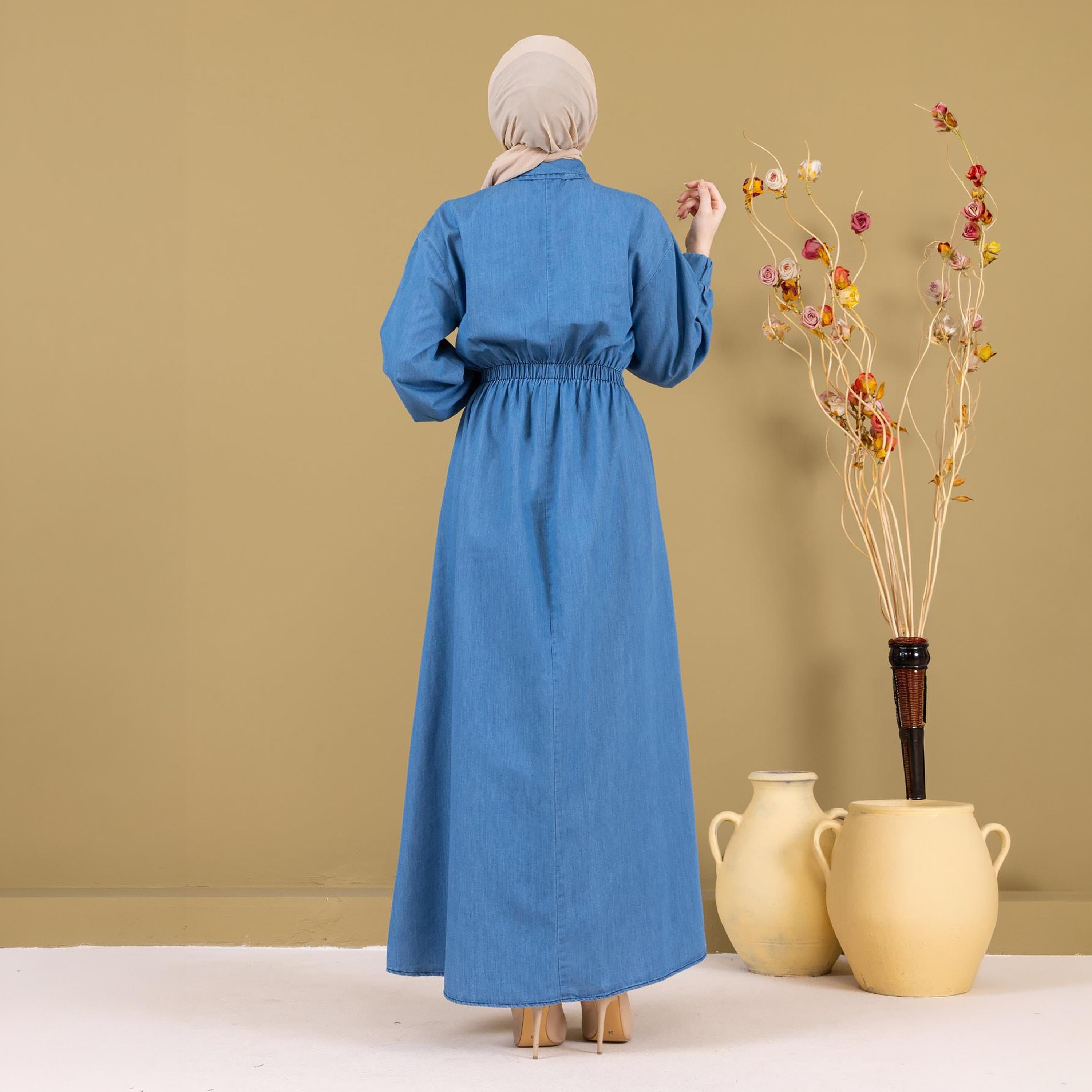 Turkish Souq Elasticated Cuff Sleeves Women's Maxi Modest Dress in Denim-women-clothing-dresses-image-3