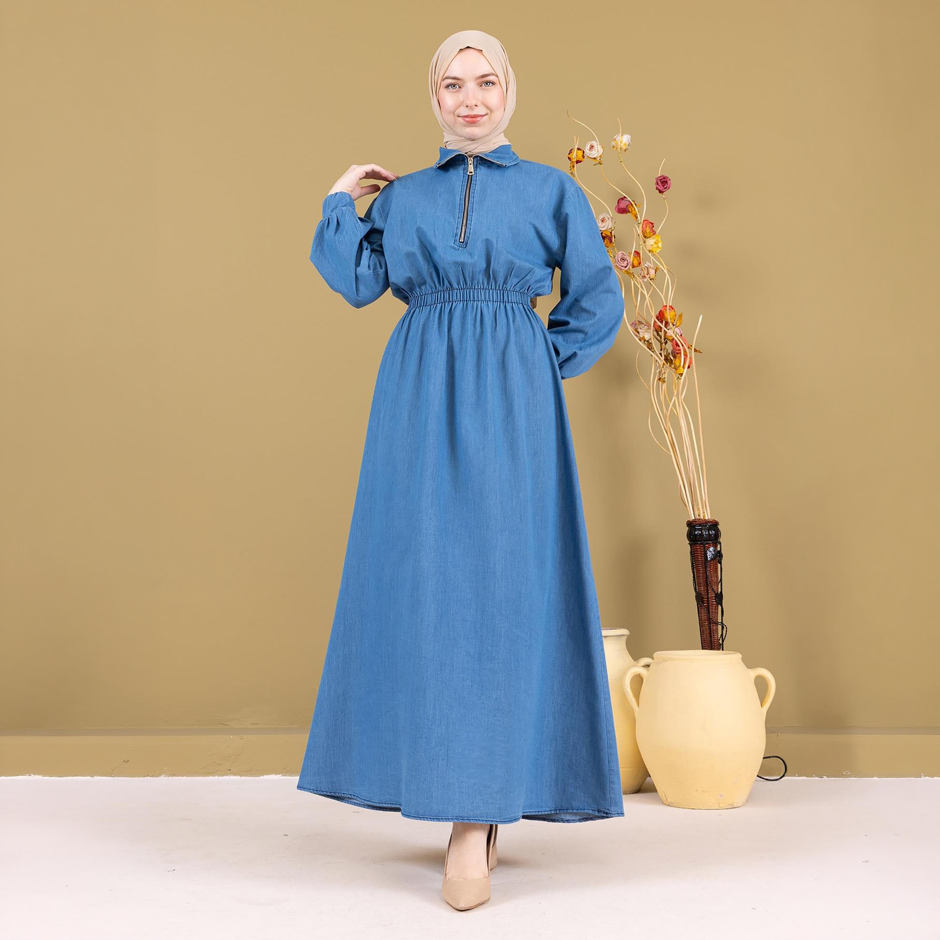 Turkish Souq Elasticated Cuff Sleeves Women's Maxi Modest Dress in Denim-women-clothing-dresses-image-4
