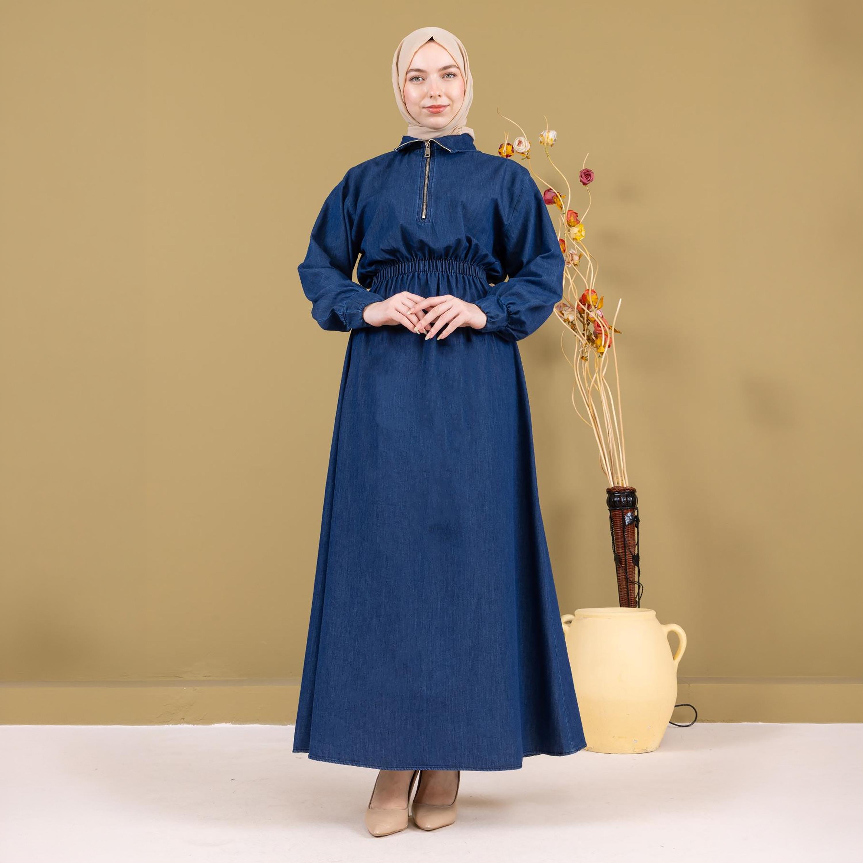 Turkish Souq Elasticated Cuff Sleeves Women's Maxi Modest Dress in Denim-women-clothing-dresses-image-1