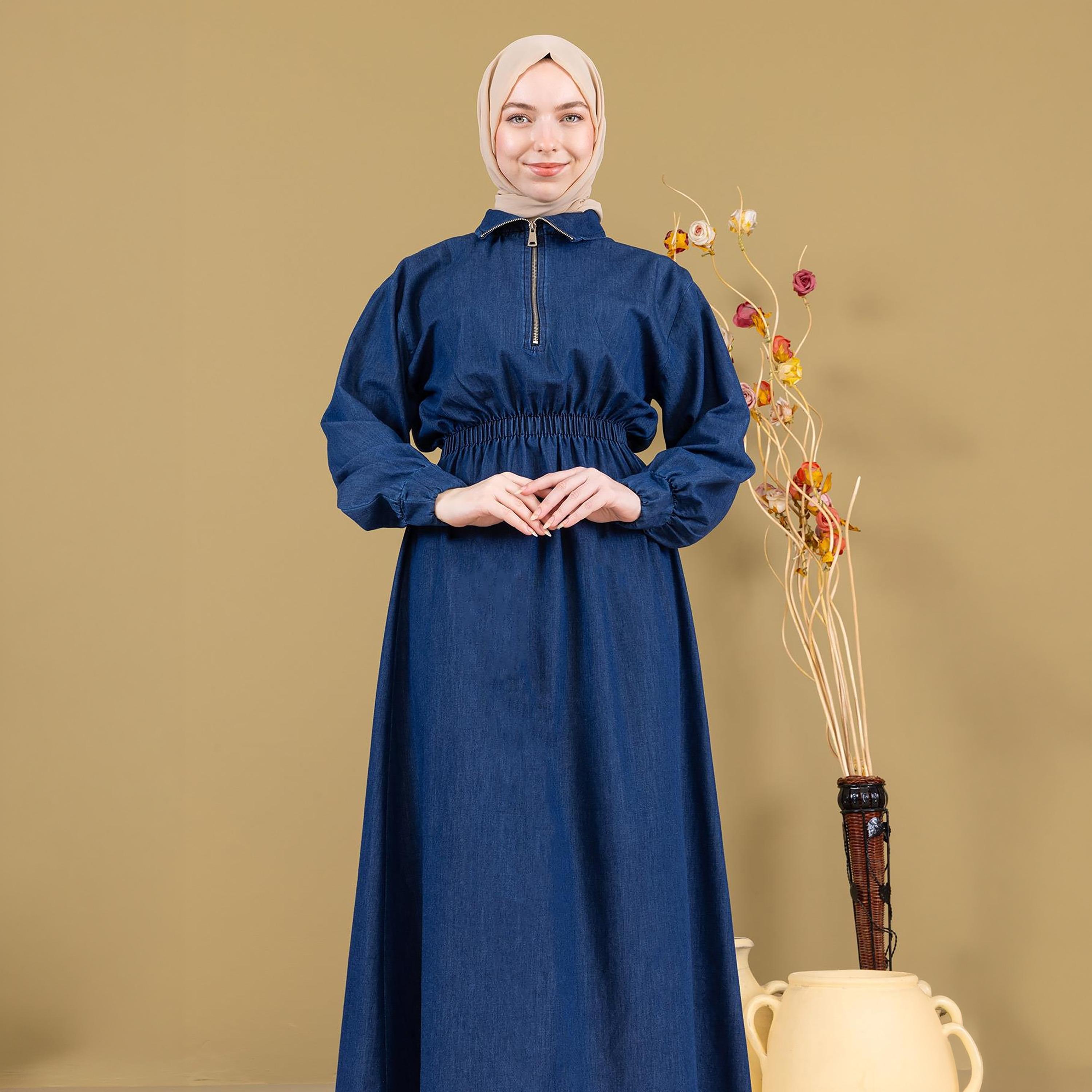 Turkish Souq Elasticated Cuff Sleeves Women's Maxi Modest Dress in Denim-women-clothing-dresses-image-2