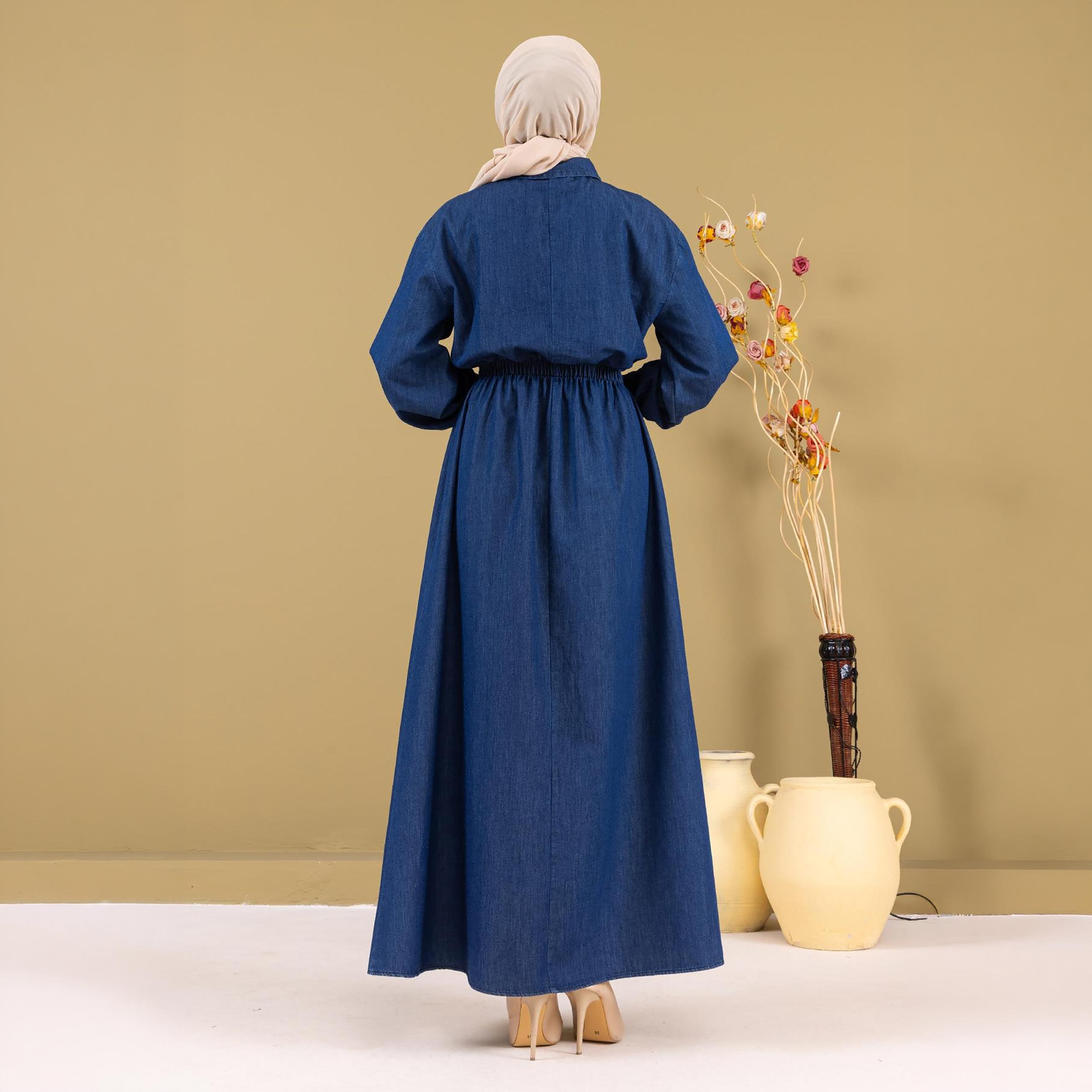 Turkish Souq Elasticated Cuff Sleeves Women's Maxi Modest Dress in Denim-women-clothing-dresses-image-3