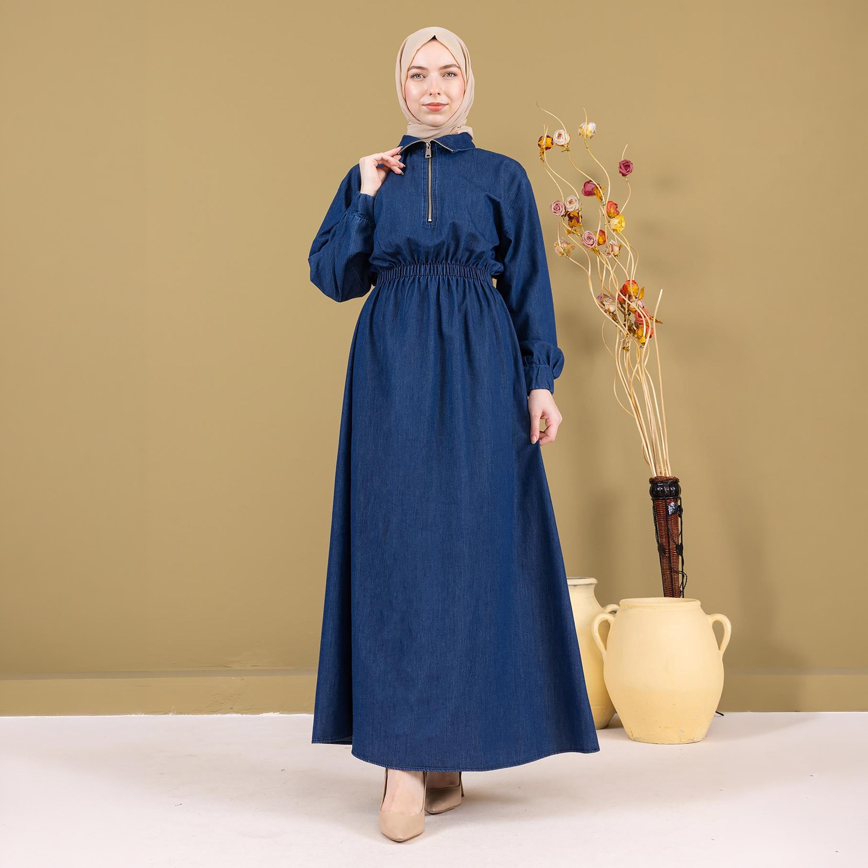 Turkish Souq Elasticated Cuff Sleeves Women's Maxi Modest Dress in Denim-women-clothing-dresses-image-4