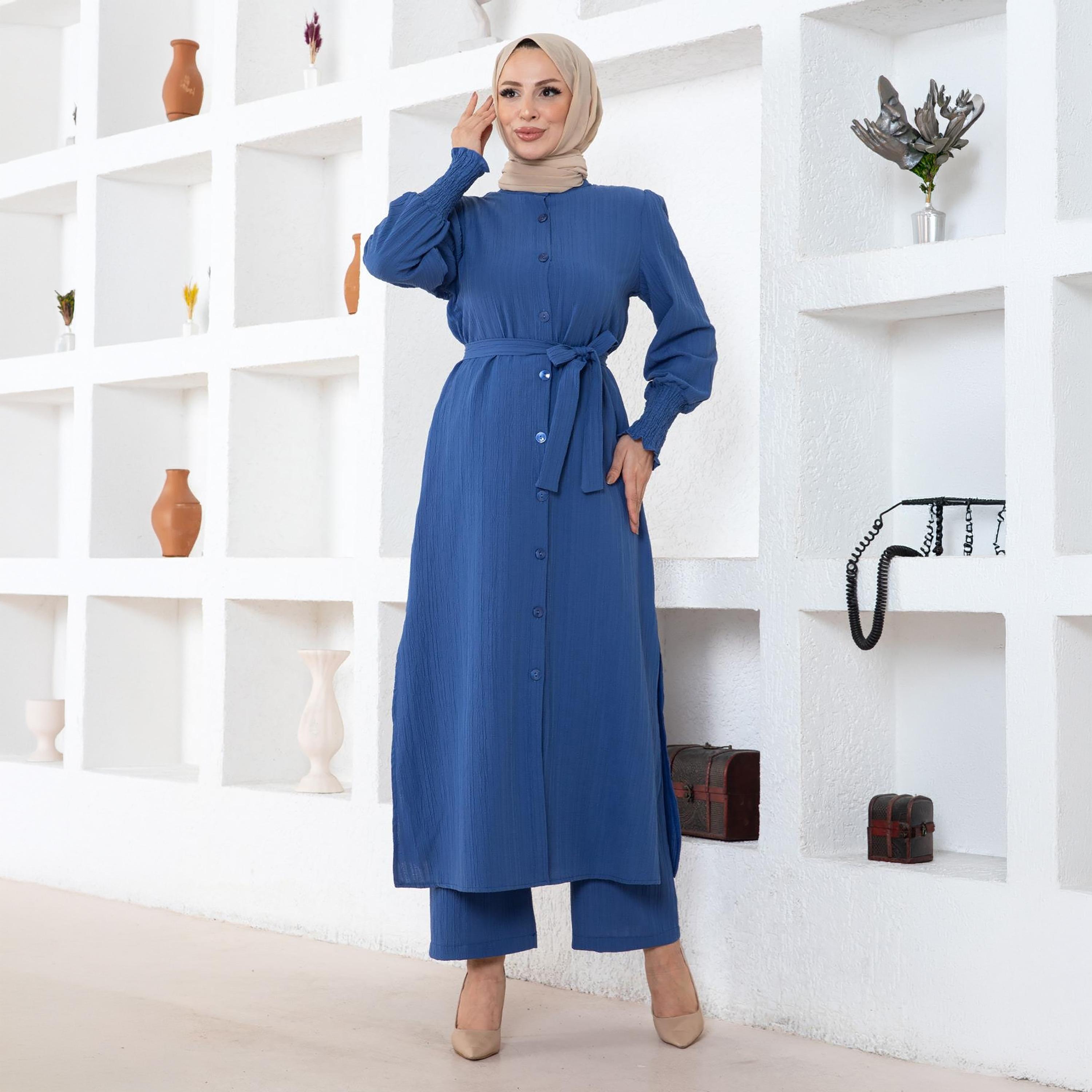 Turkish Souq Blue Crinkled Linen Long Tunic & Trousers Women's Set-women-clothing-coordsets-image-1