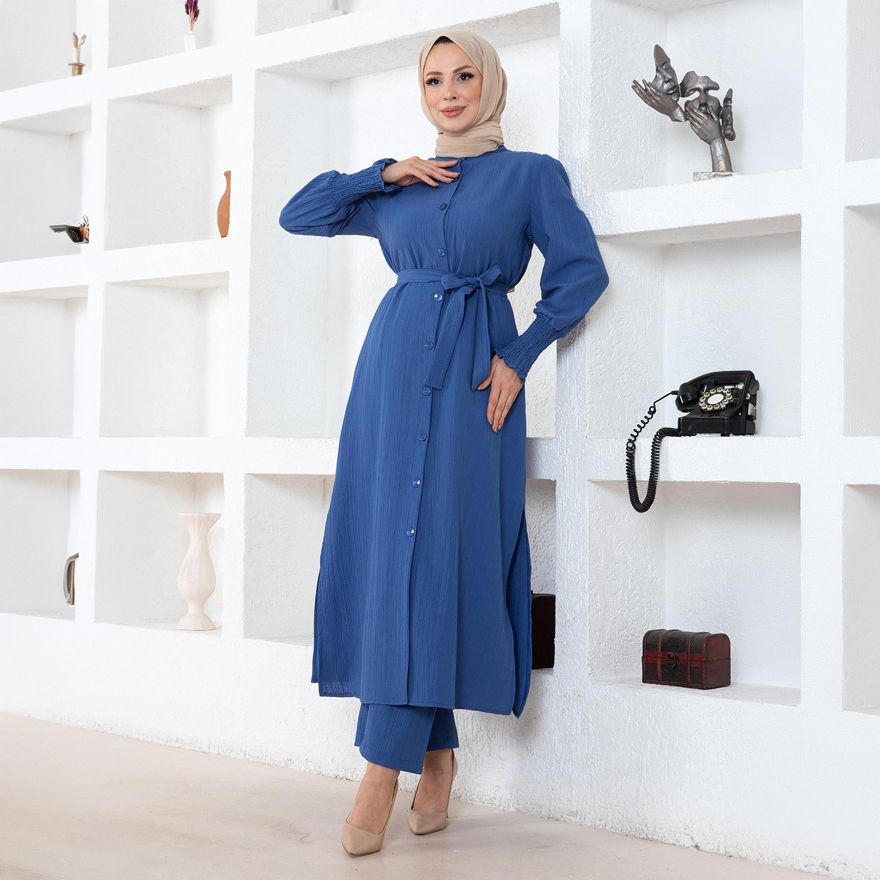 Turkish Souq Blue Crinkled Linen Long Tunic & Trousers Women's Set-women-clothing-coordsets-image-2