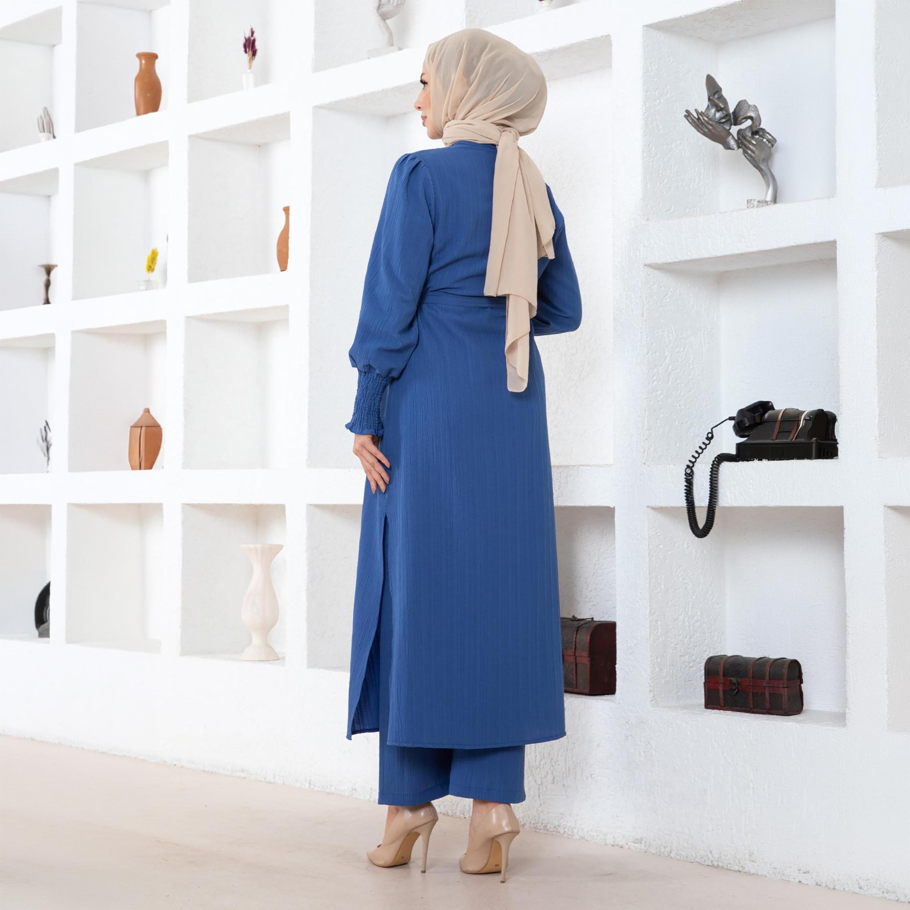 Turkish Souq Blue Crinkled Linen Long Tunic & Trousers Women's Set-women-clothing-coordsets-image-3