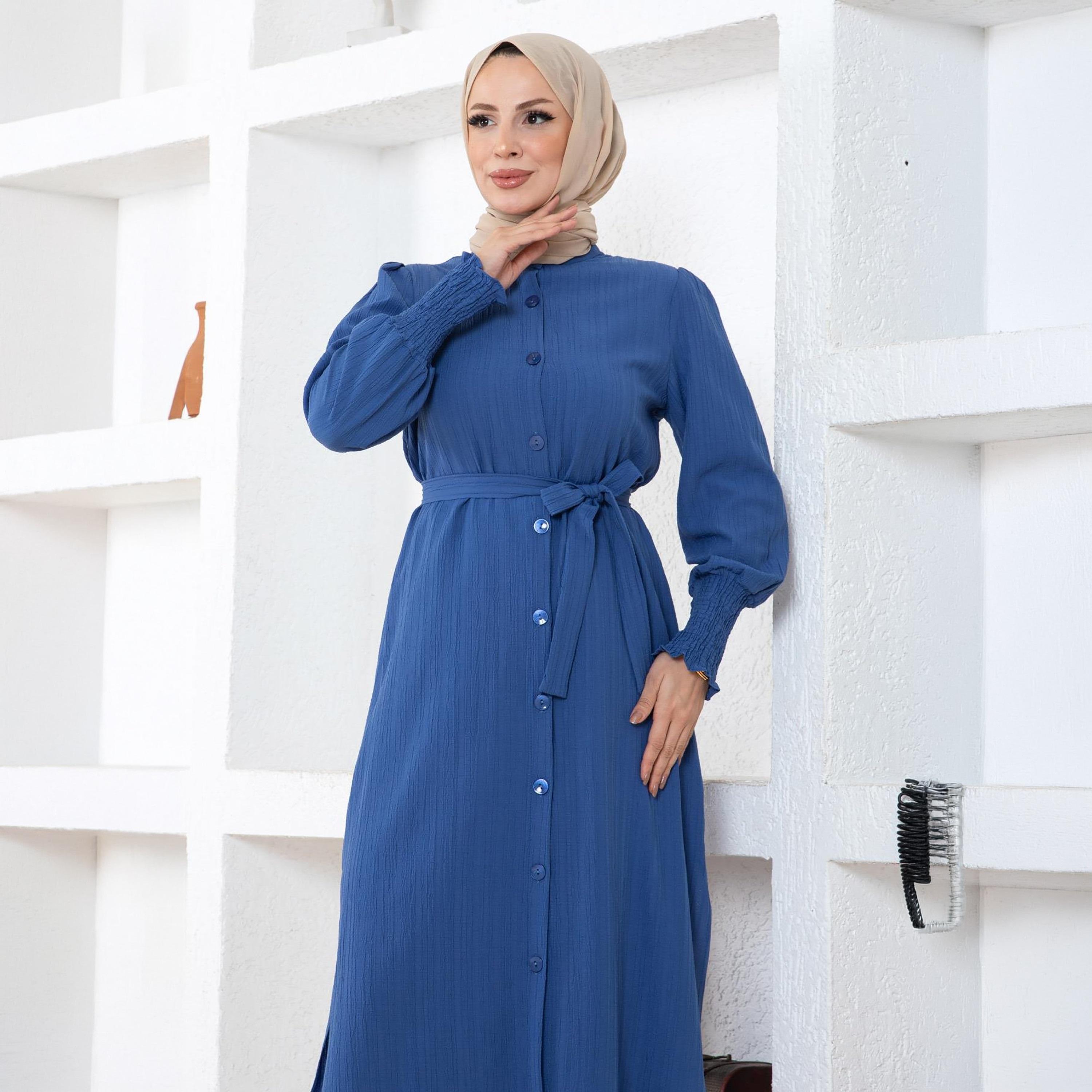 Turkish Souq Blue Crinkled Linen Long Tunic & Trousers Women's Set-women-clothing-coordsets-image-4