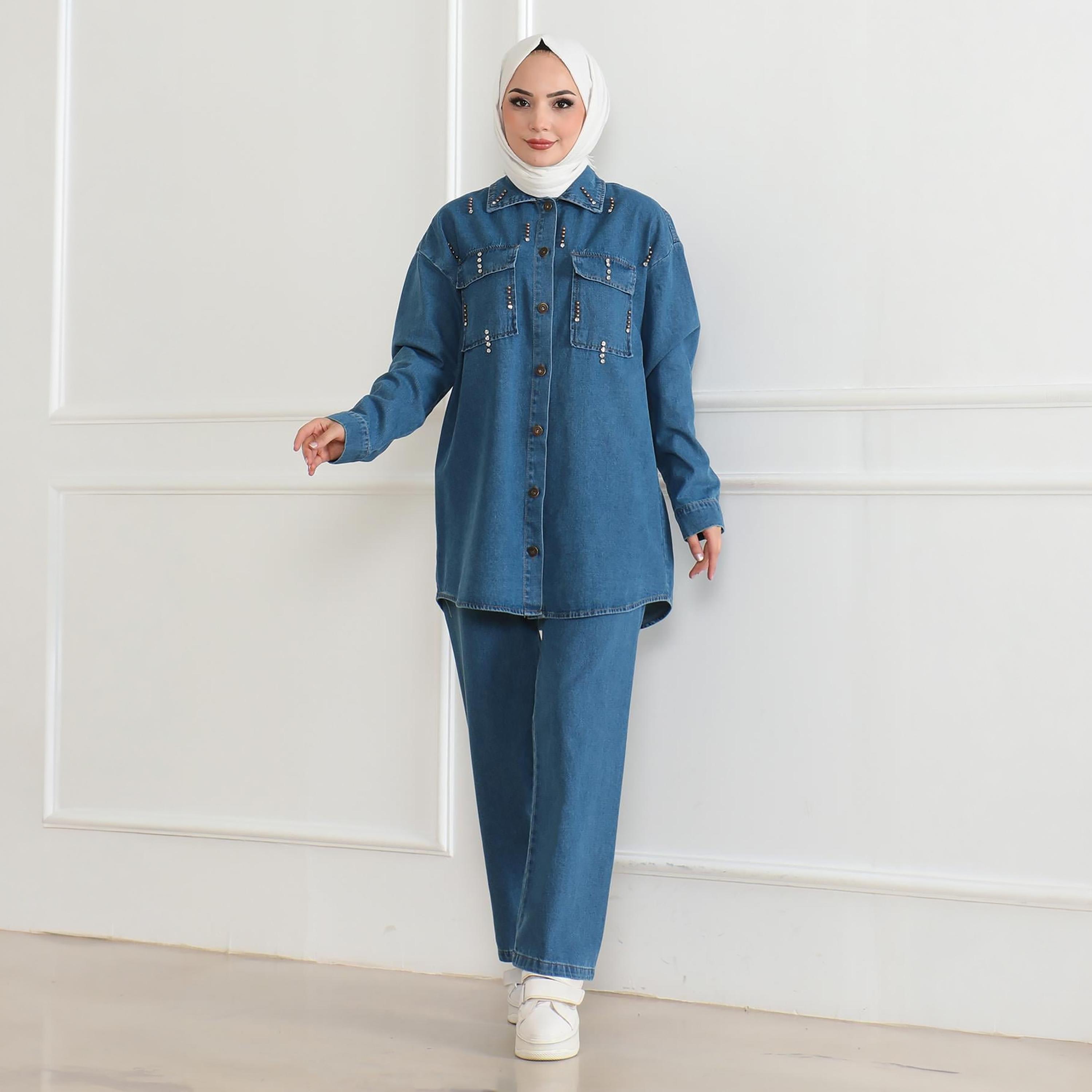 Turkish Souq Blue Denim Shirt & Trousers Women's Set-women-clothing-coordsets-image-1