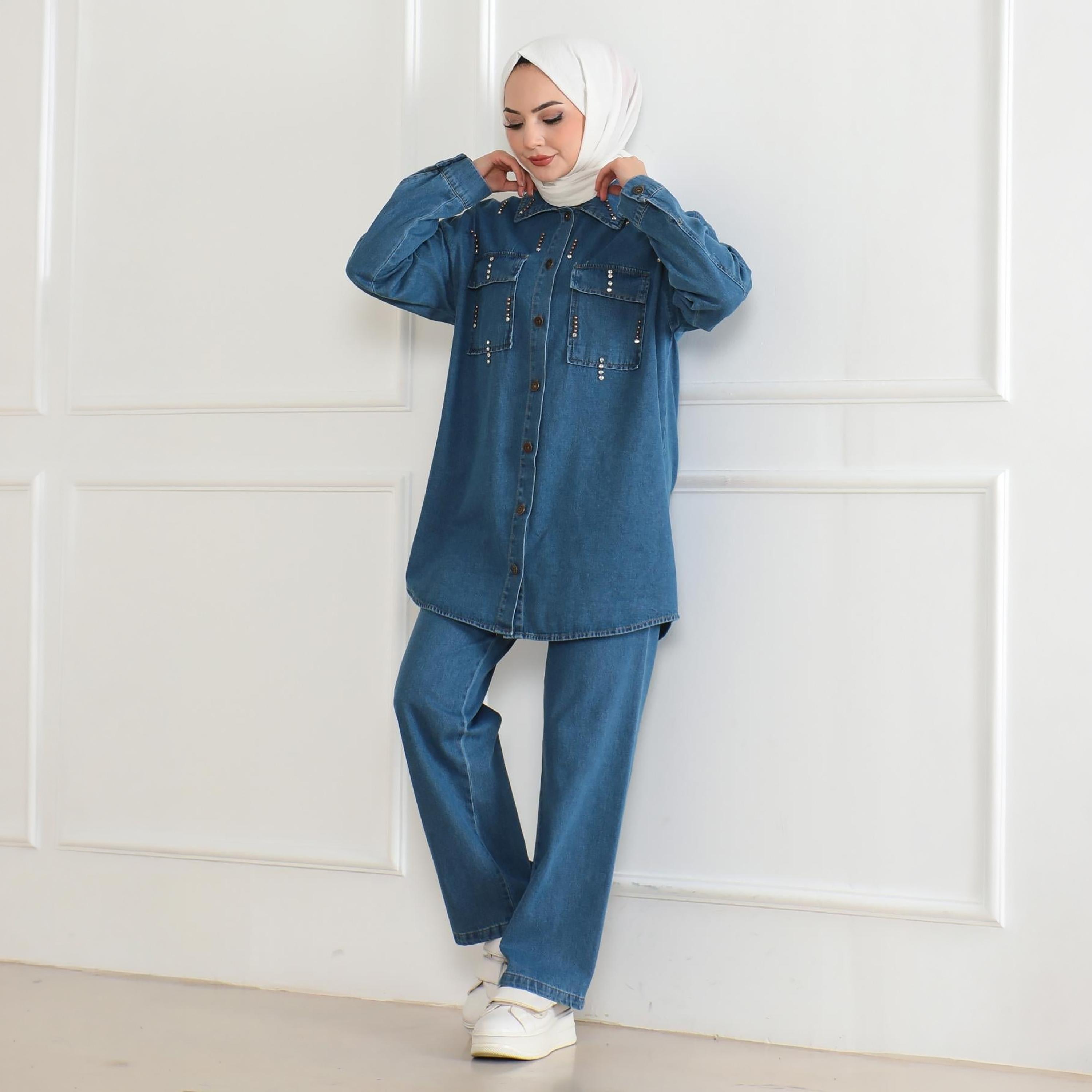 Turkish Souq Blue Denim Shirt & Trousers Women's Set-women-clothing-coordsets-image-2