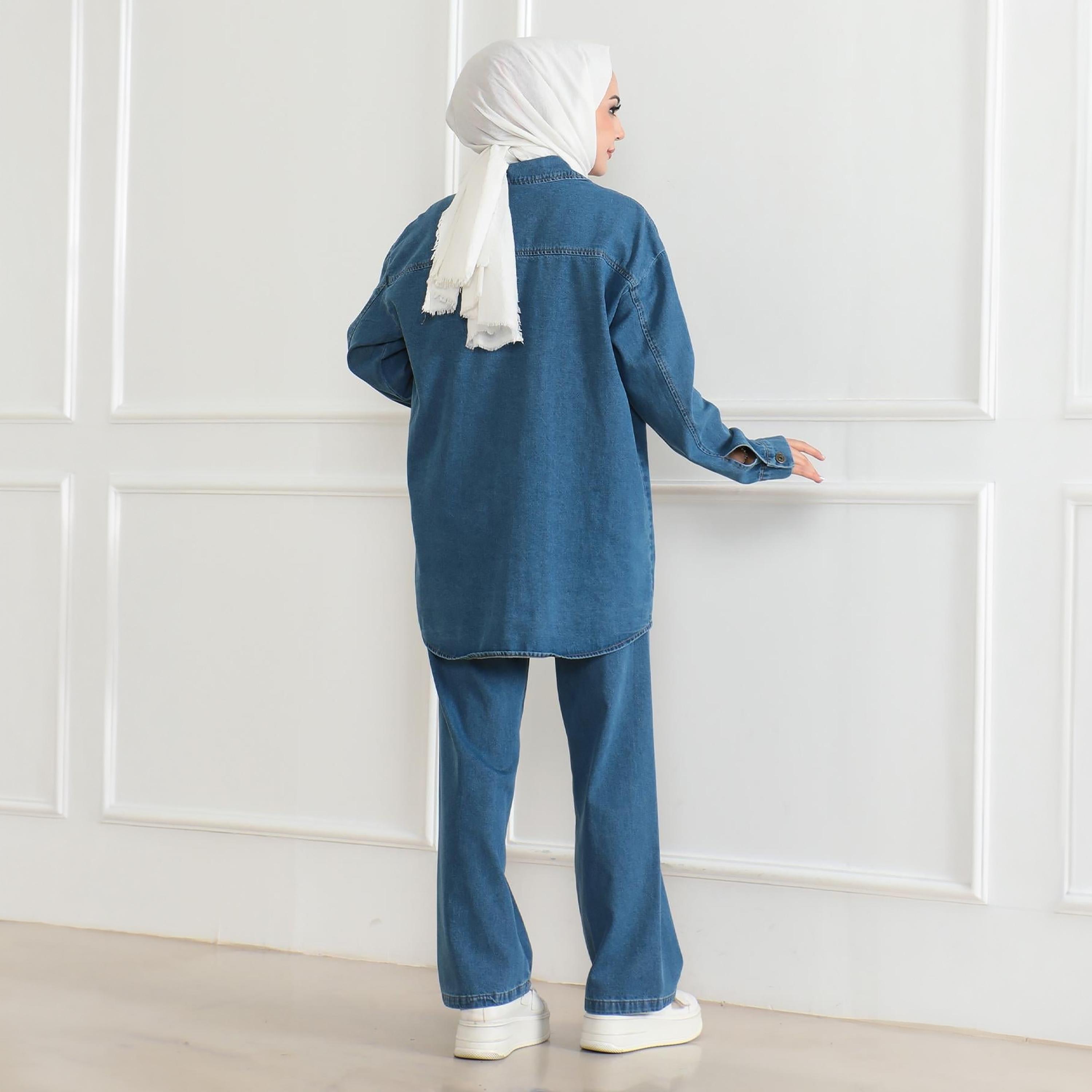 Turkish Souq Blue Denim Shirt & Trousers Women's Set-women-clothing-coordsets-image-3
