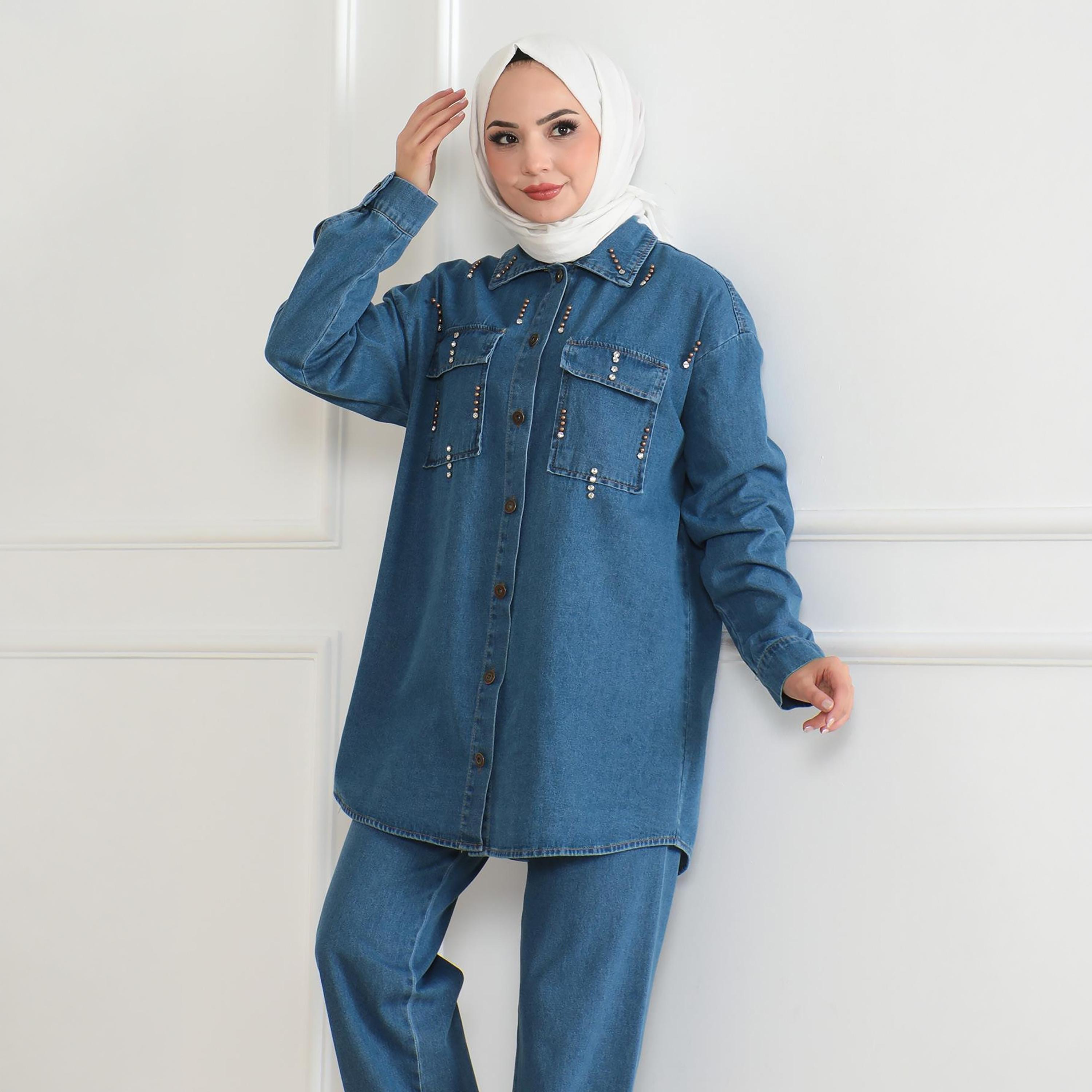 Turkish Souq Blue Denim Shirt & Trousers Women's Set-women-clothing-coordsets-image-4
