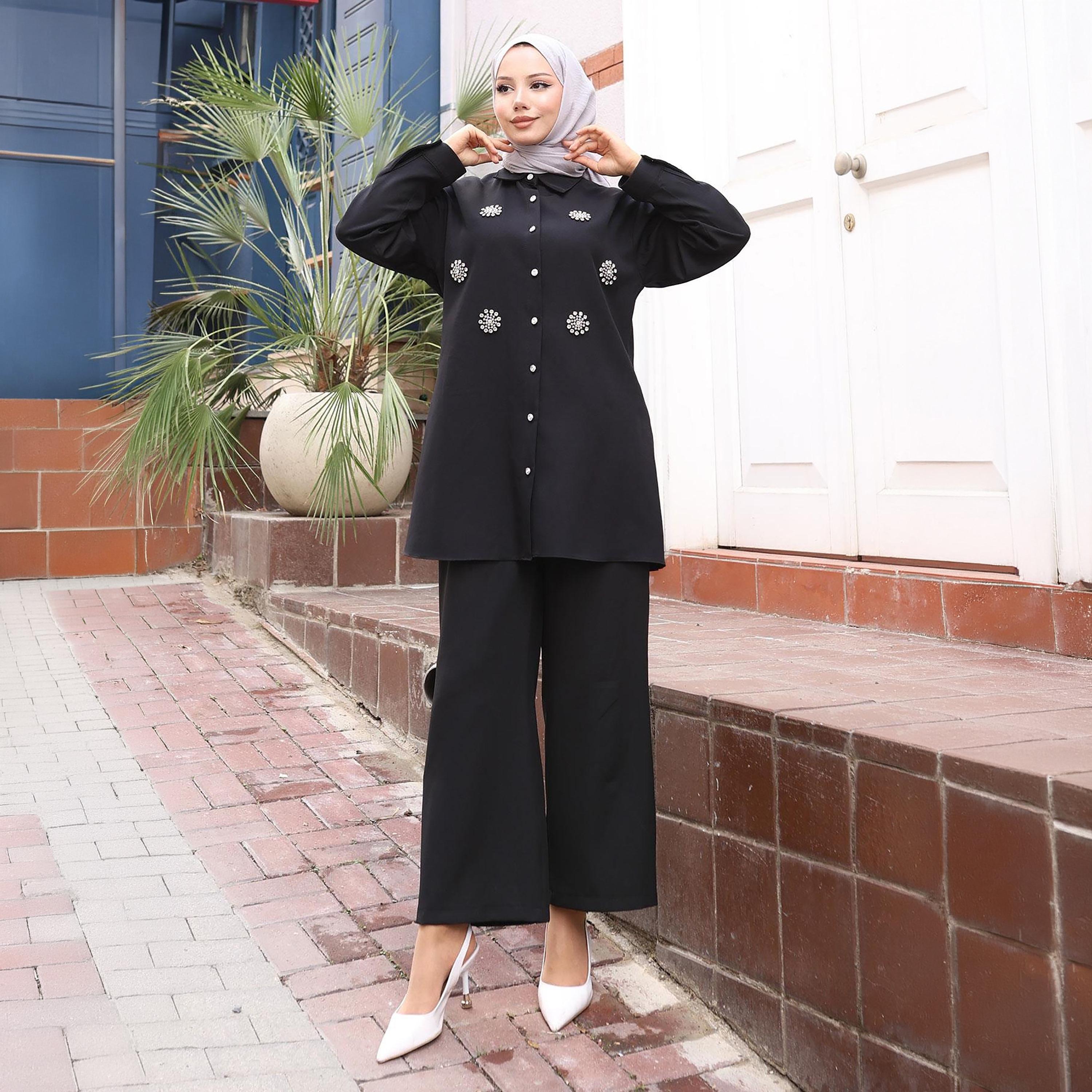 Turkish Souq Rhinestone Detailed Crepe Tunic & Trousers Women's Set-women-clothing-coordsets-image-1