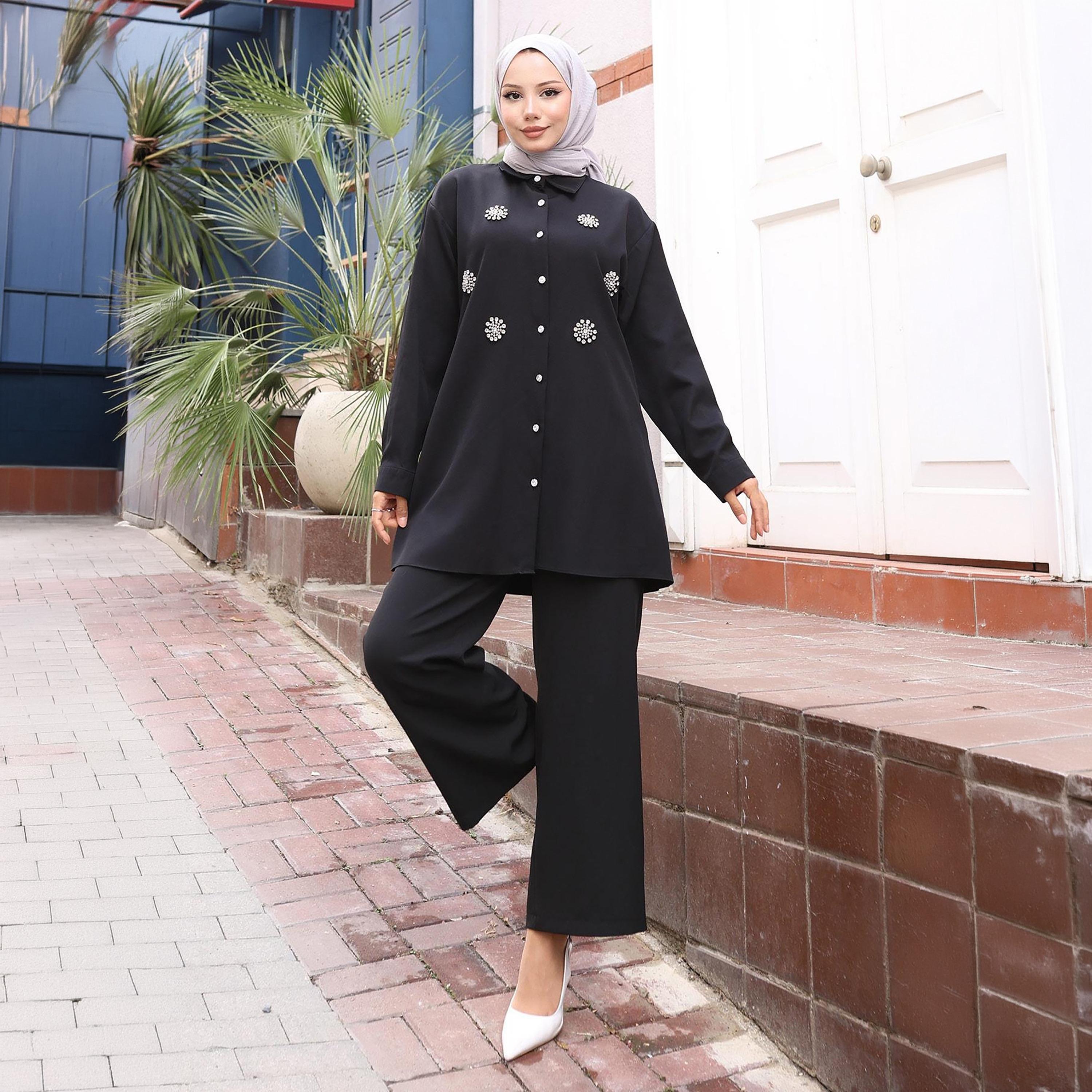 Turkish Souq Rhinestone Detailed Crepe Tunic & Trousers Women's Set-women-clothing-coordsets-image-2