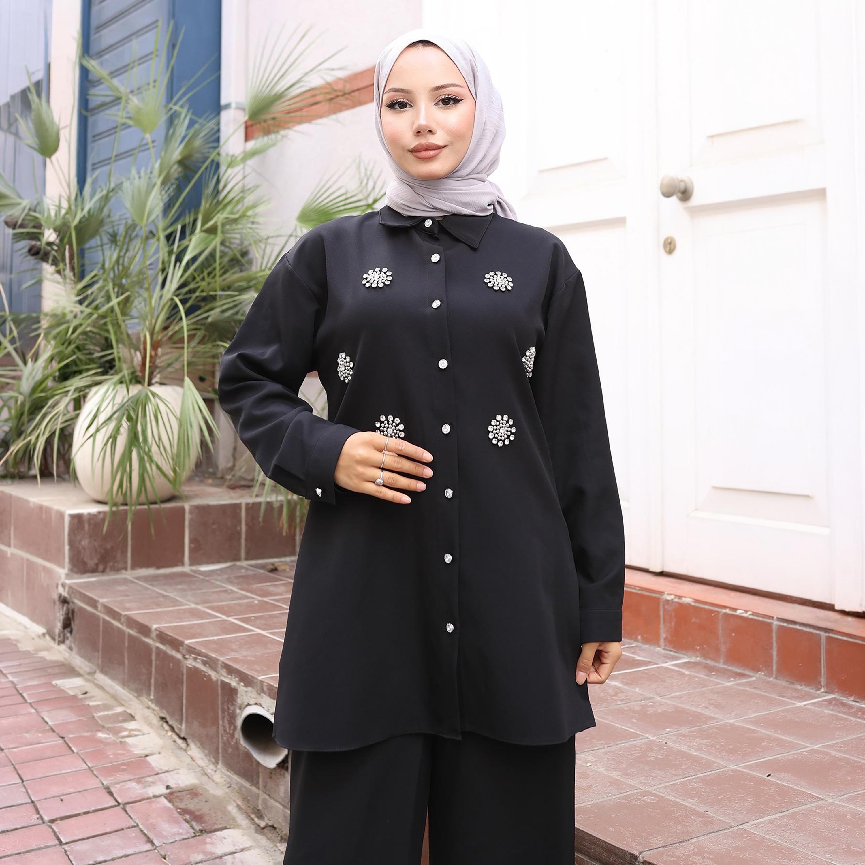 Turkish Souq Rhinestone Detailed Crepe Tunic & Trousers Women's Set-women-clothing-coordsets-image-4