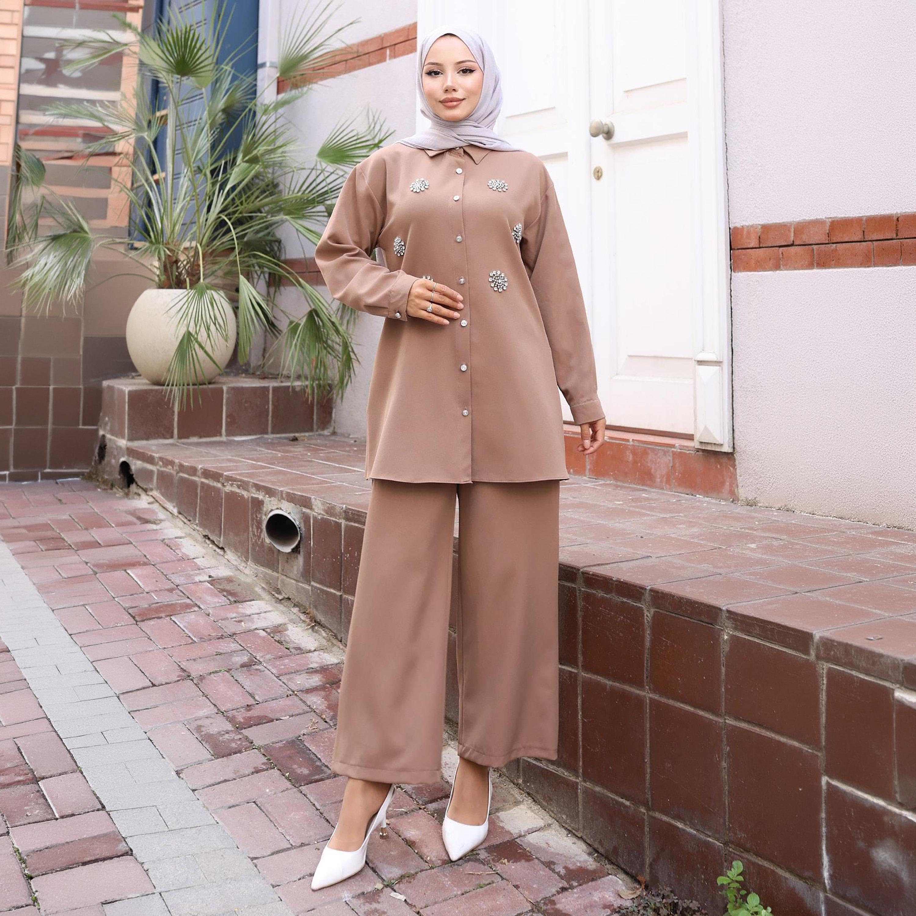 Turkish Souq Rhinestone Detailed Crepe Tunic & Trousers Women's Set-women-clothing-coordsets-image-1
