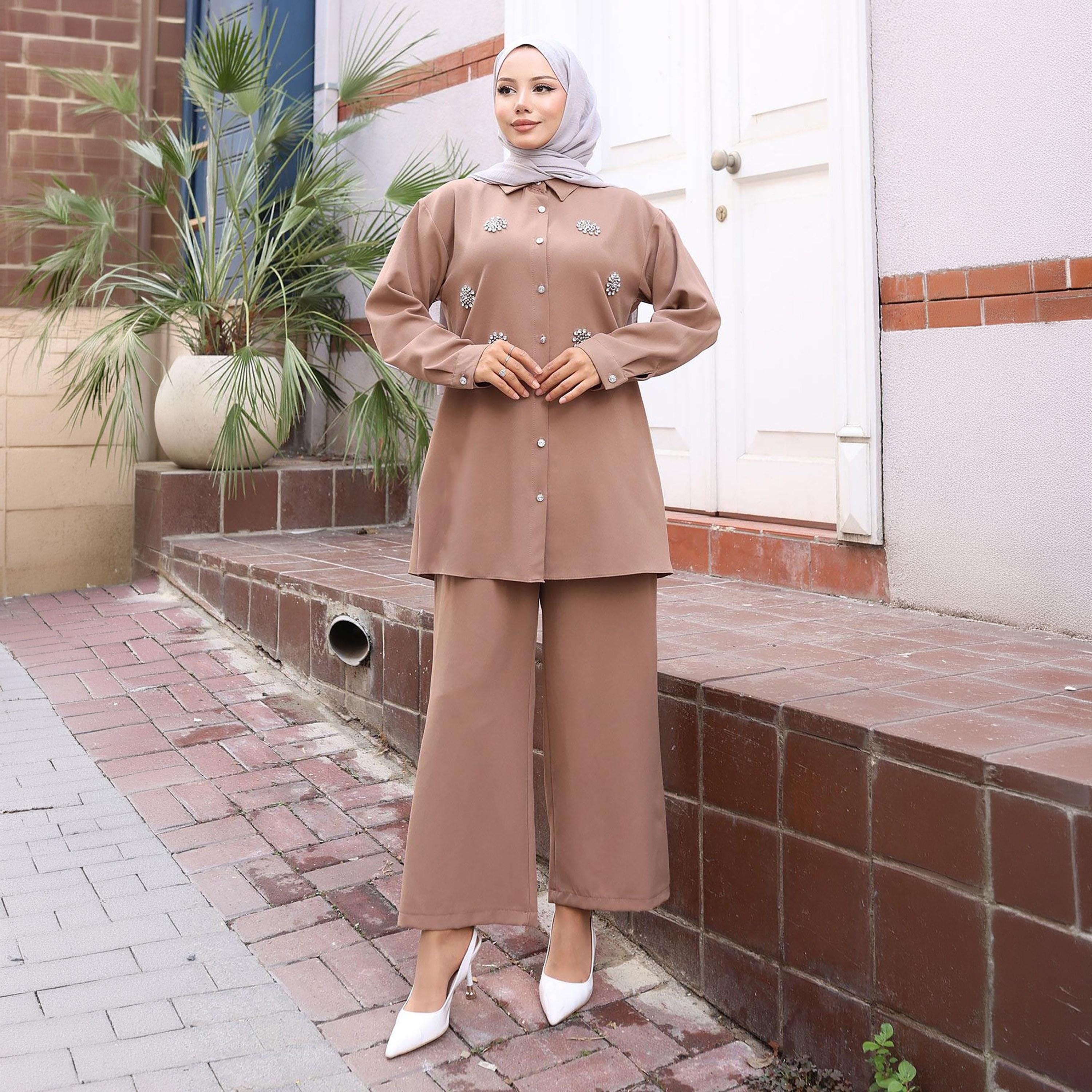 Turkish Souq Rhinestone Detailed Crepe Tunic & Trousers Women's Set-women-clothing-coordsets-image-2