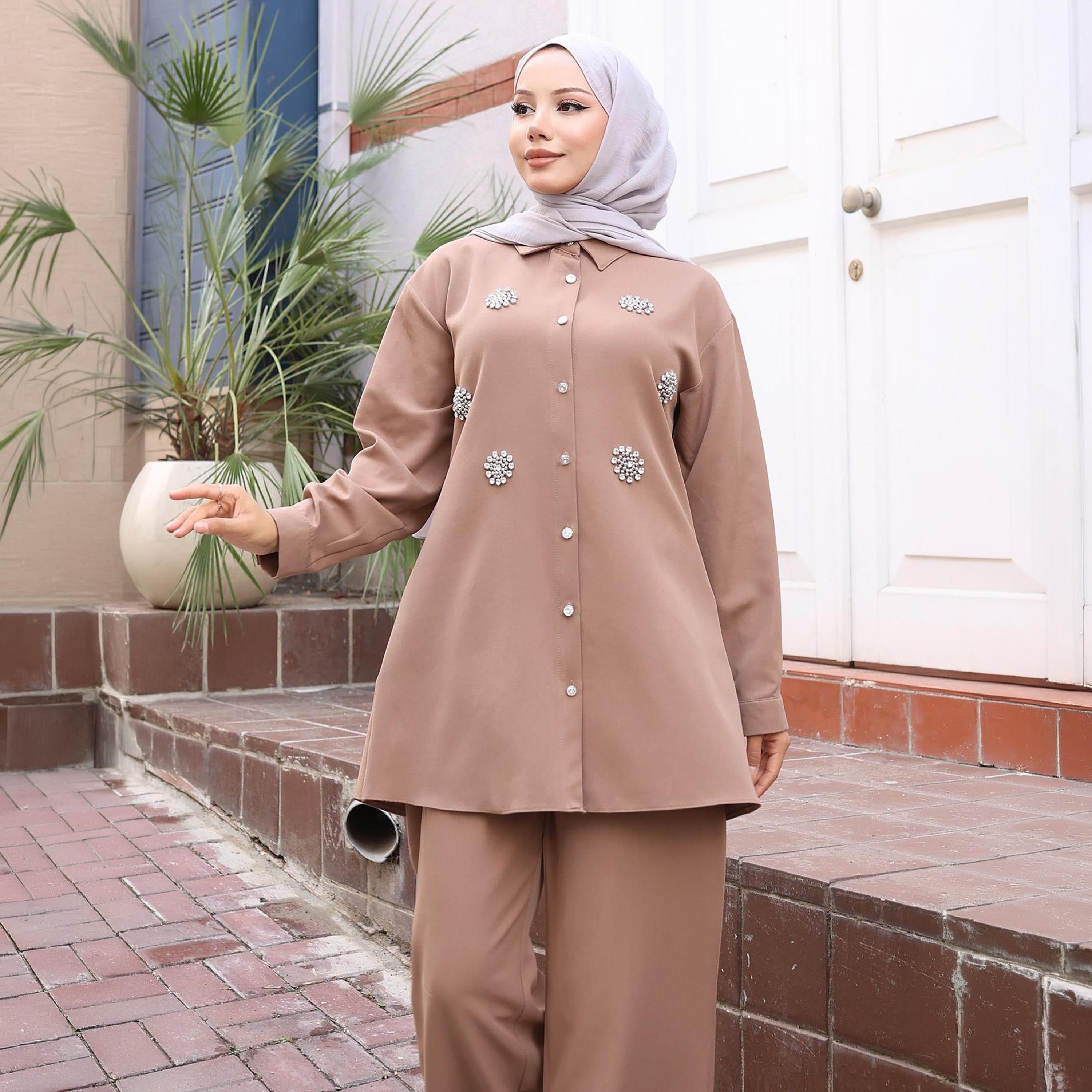 Turkish Souq Rhinestone Detailed Crepe Tunic & Trousers Women's Set-women-clothing-coordsets-image-4