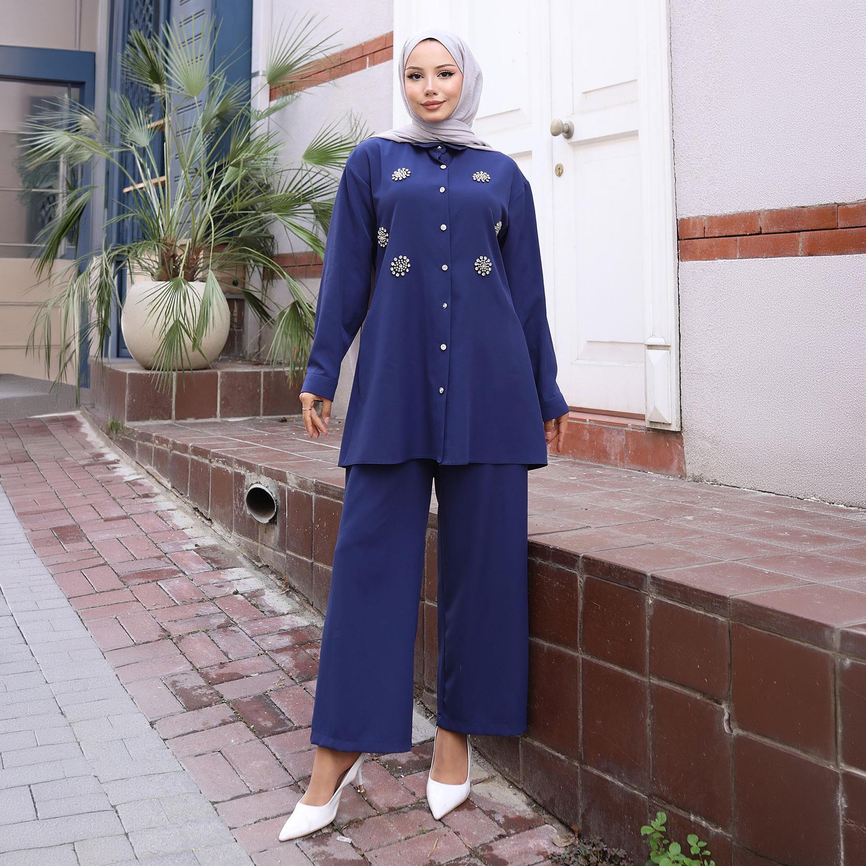 Turkish Souq Rhinestone Detailed Crepe Tunic & Trousers Women's Set-women-clothing-coordsets-image-1