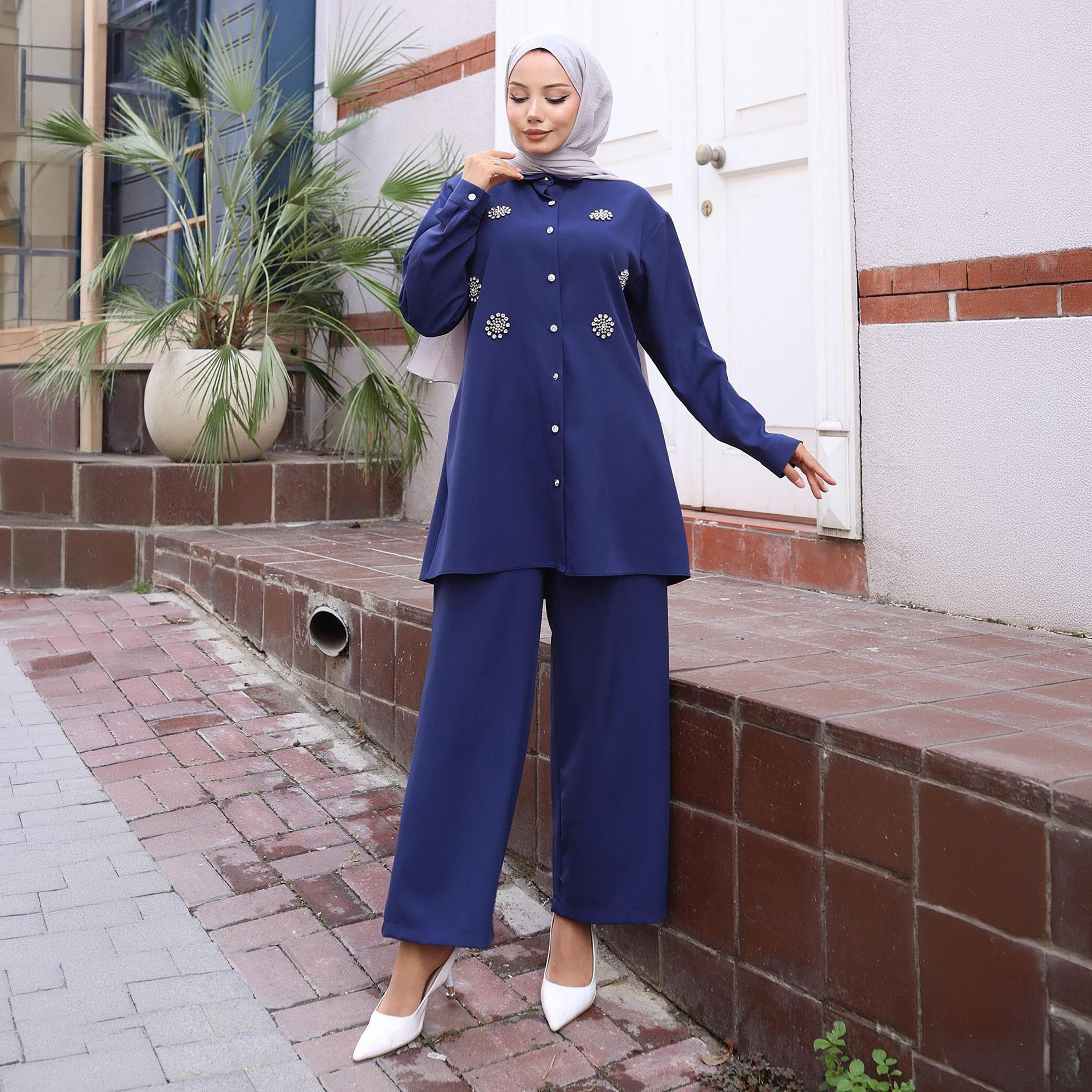 Turkish Souq Rhinestone Detailed Crepe Tunic & Trousers Women's Set-women-clothing-coordsets-image-2