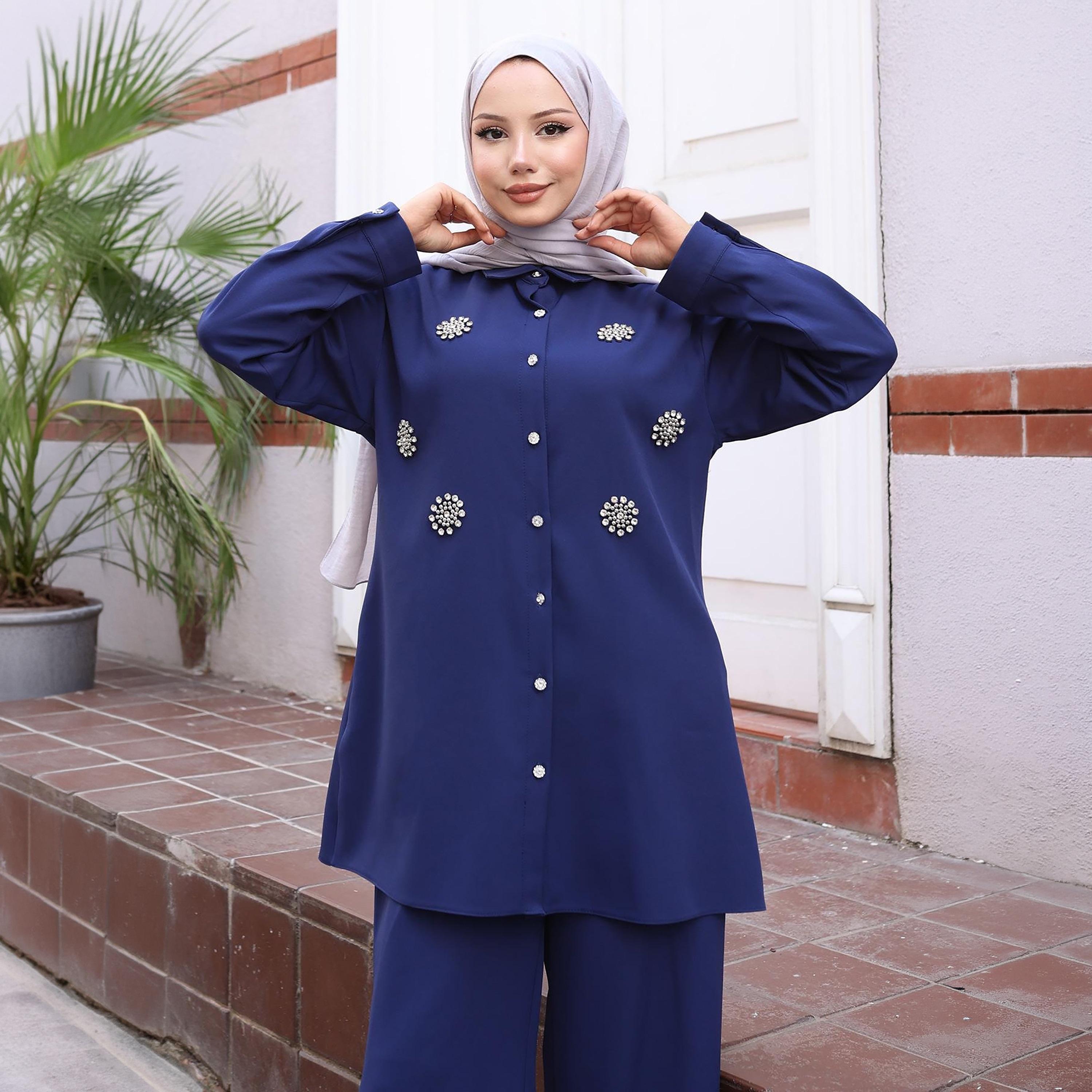 Turkish Souq Rhinestone Detailed Crepe Tunic & Trousers Women's Set-women-clothing-coordsets-image-4