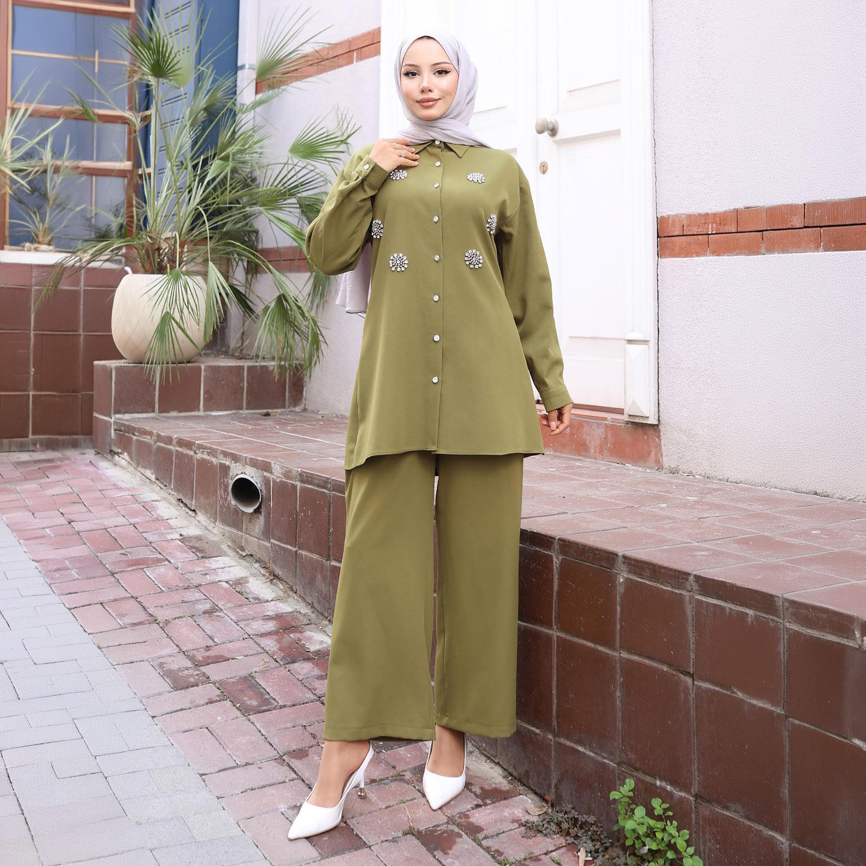 Turkish Souq Rhinestone Detailed Crepe Tunic & Trousers Women's Set-women-clothing-coordsets-image-1