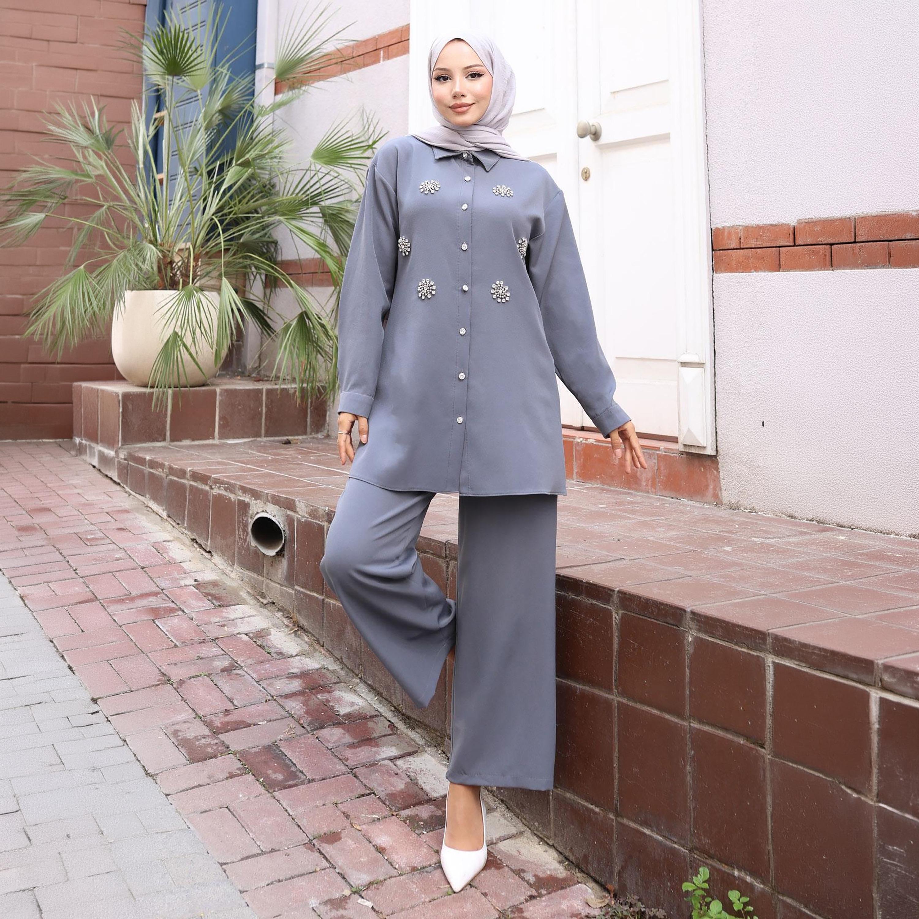 Turkish Souq Rhinestone Detailed Crepe Tunic & Trousers Women's Set-women-clothing-coordsets-image-1