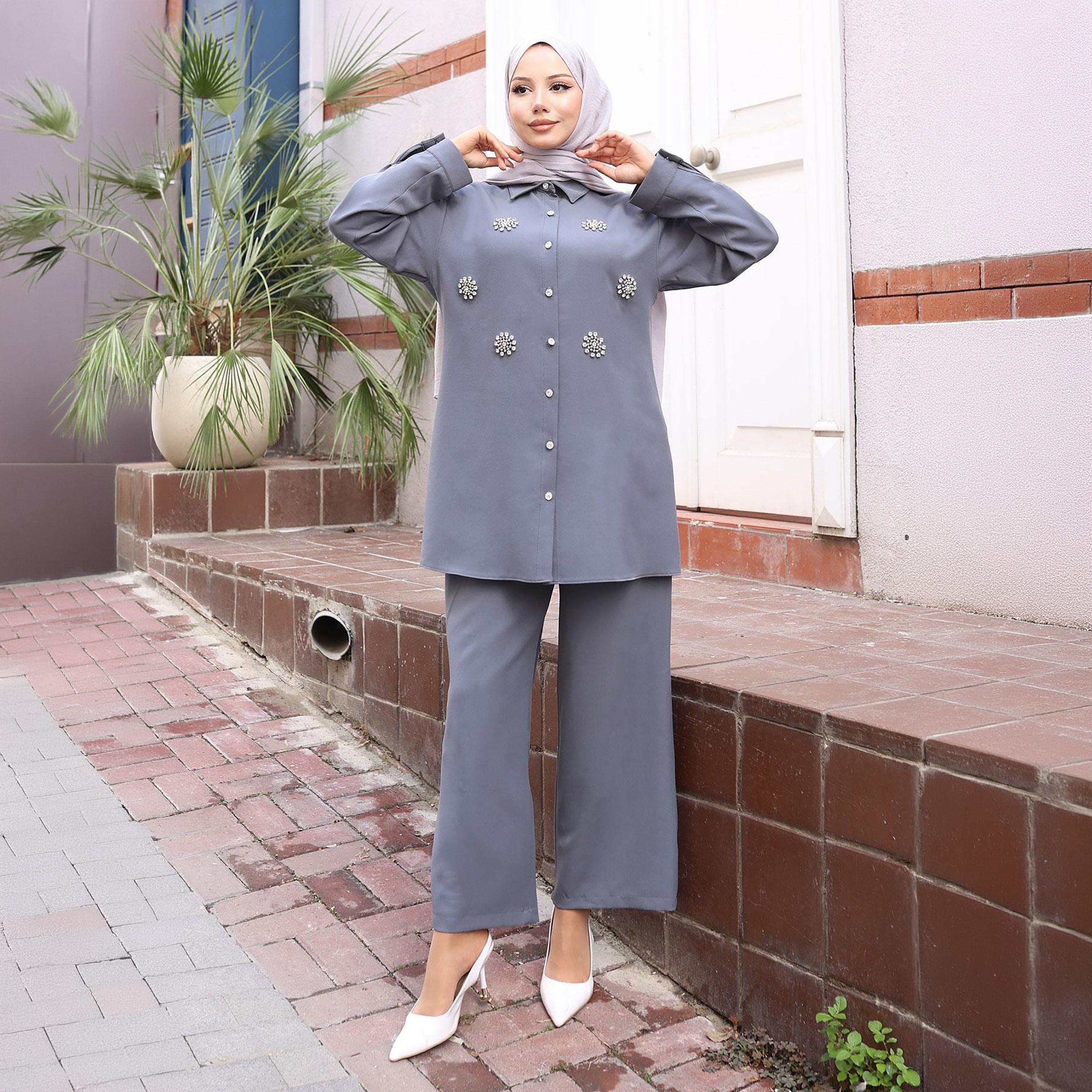 Turkish Souq Rhinestone Detailed Crepe Tunic & Trousers Women's Set-women-clothing-coordsets-image-2