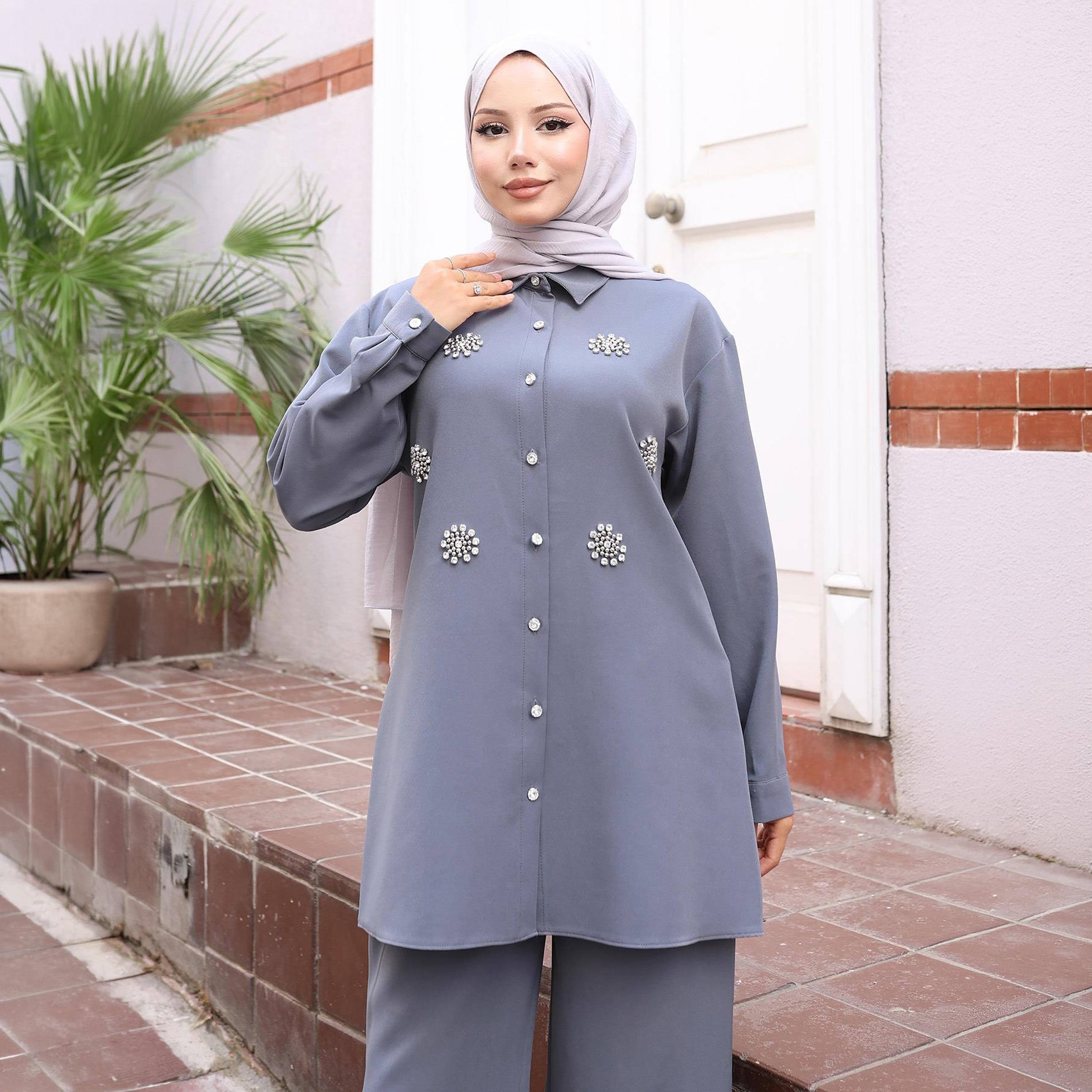 Turkish Souq Rhinestone Detailed Crepe Tunic & Trousers Women's Set-women-clothing-coordsets-image-4