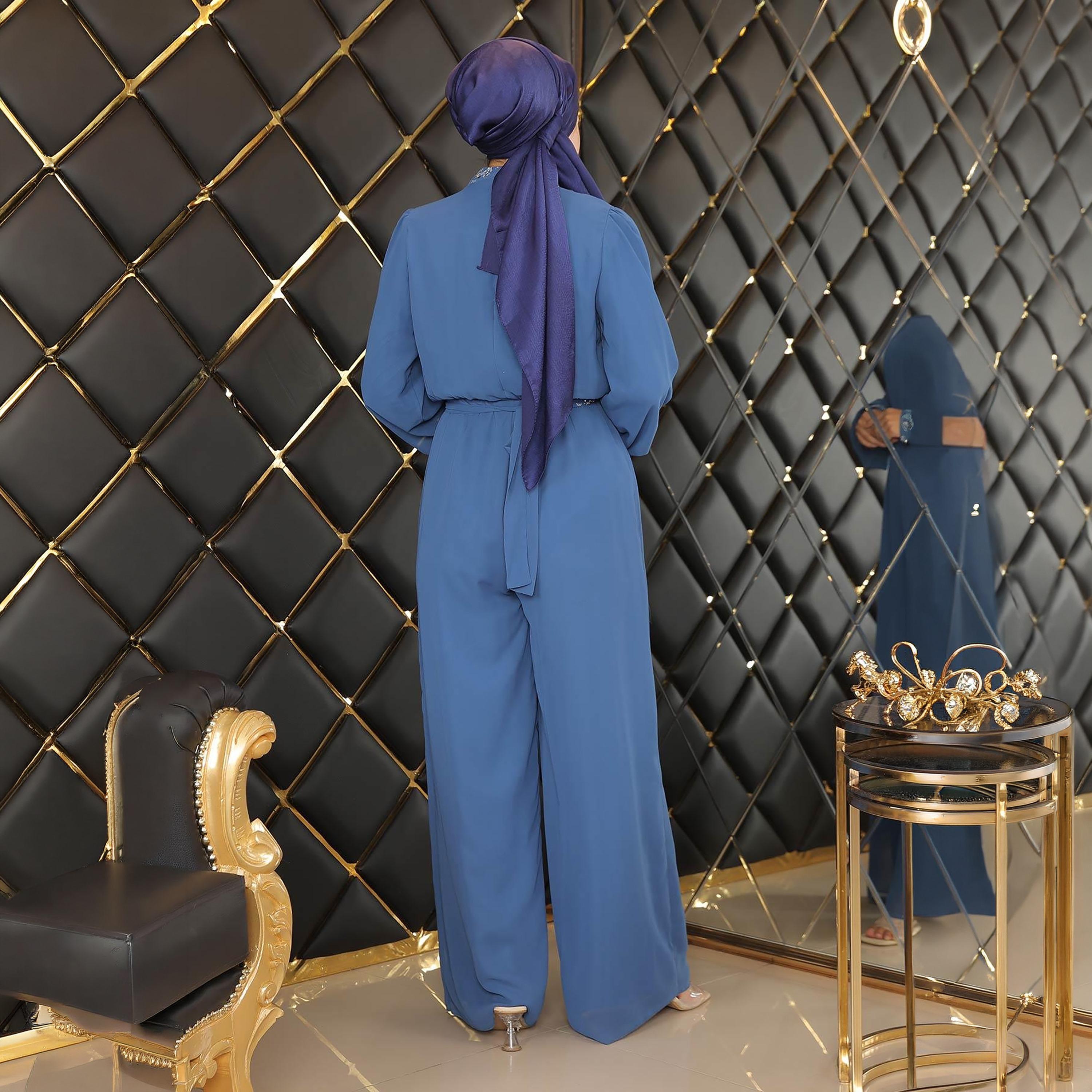 جمبسوت سهرة نسائي باللون الأزرق وأكمام أسقف من الشيفون من توركيش سوق-women-clothing-jumpsuits-image-3