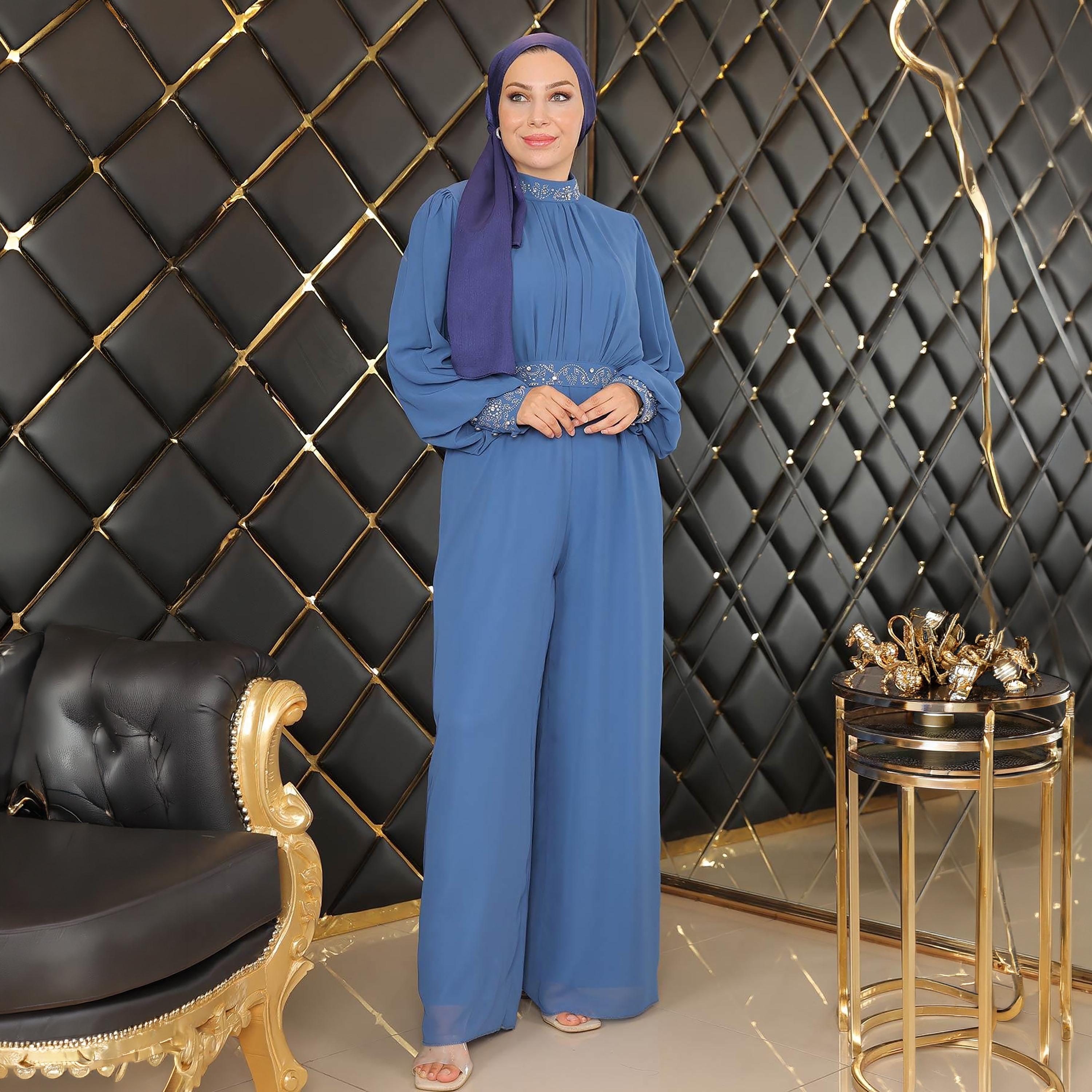 جمبسوت سهرة نسائي باللون الأزرق وأكمام أسقف من الشيفون من توركيش سوق-women-clothing-jumpsuits-image-5