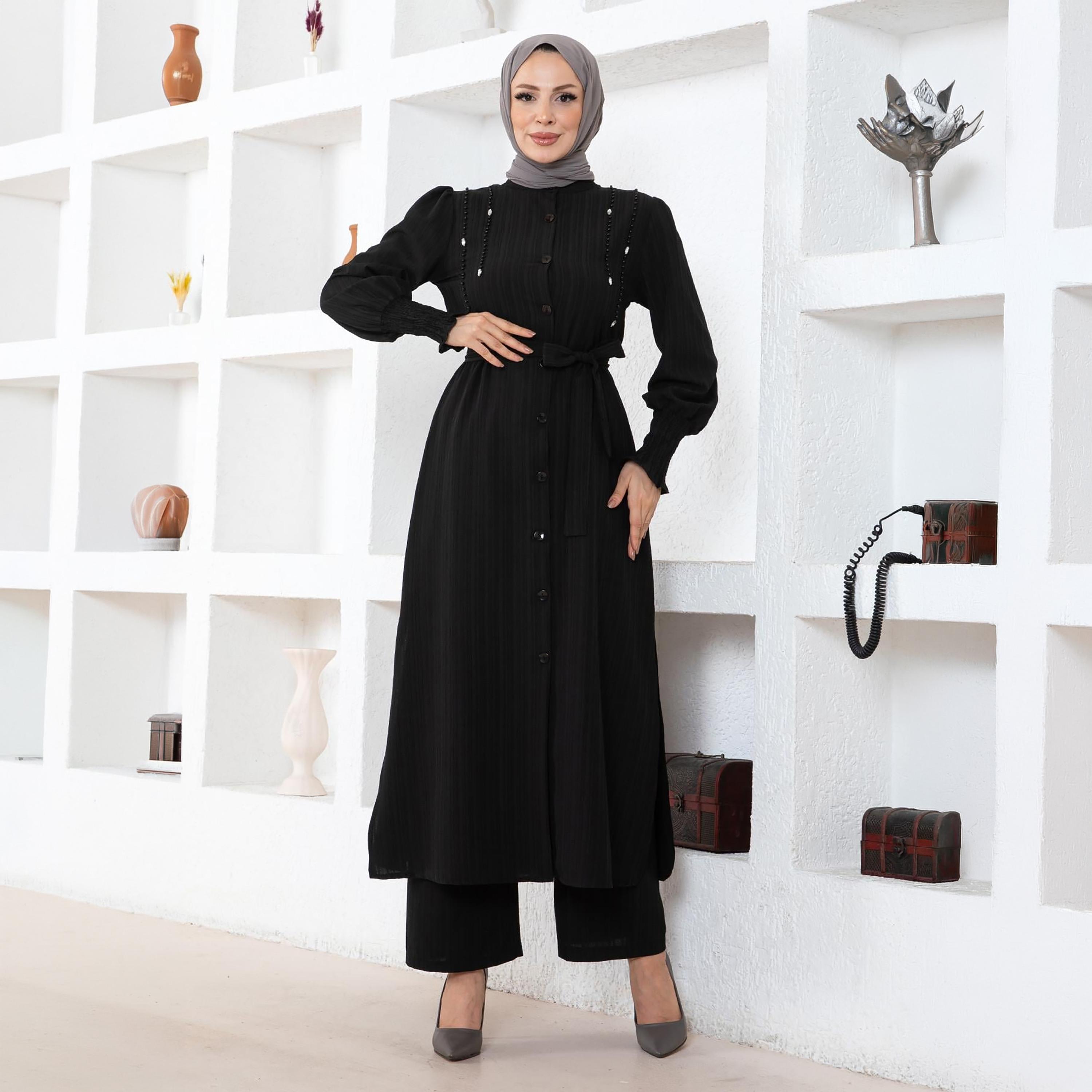 طقم نسائي من تونيك طويل وبنطلون من الكتان مزين باللؤلؤ من توركيش سوق-women-clothing-coordsets-image-1