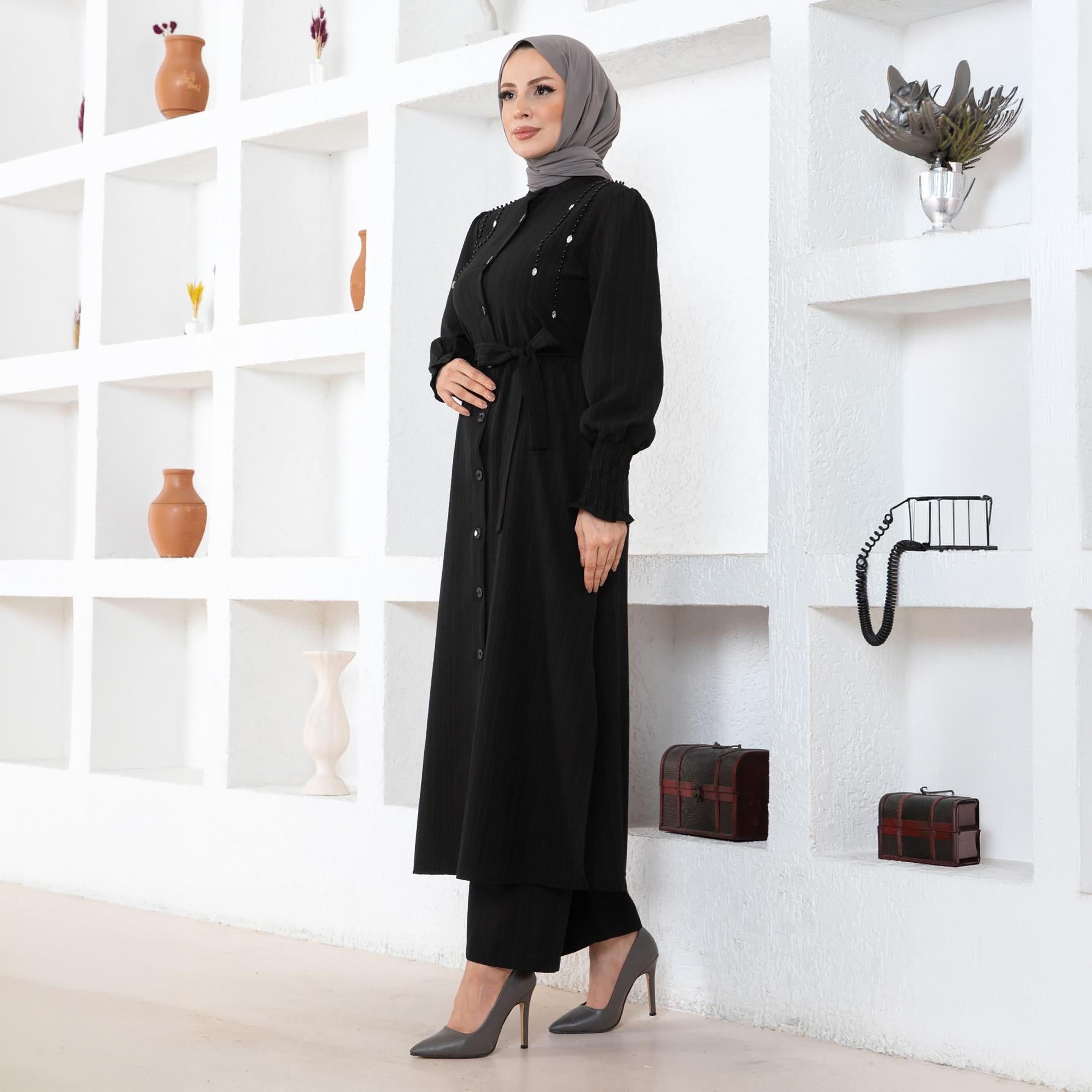 طقم نسائي من تونيك طويل وبنطلون من الكتان مزين باللؤلؤ من توركيش سوق-women-clothing-coordsets-image-2