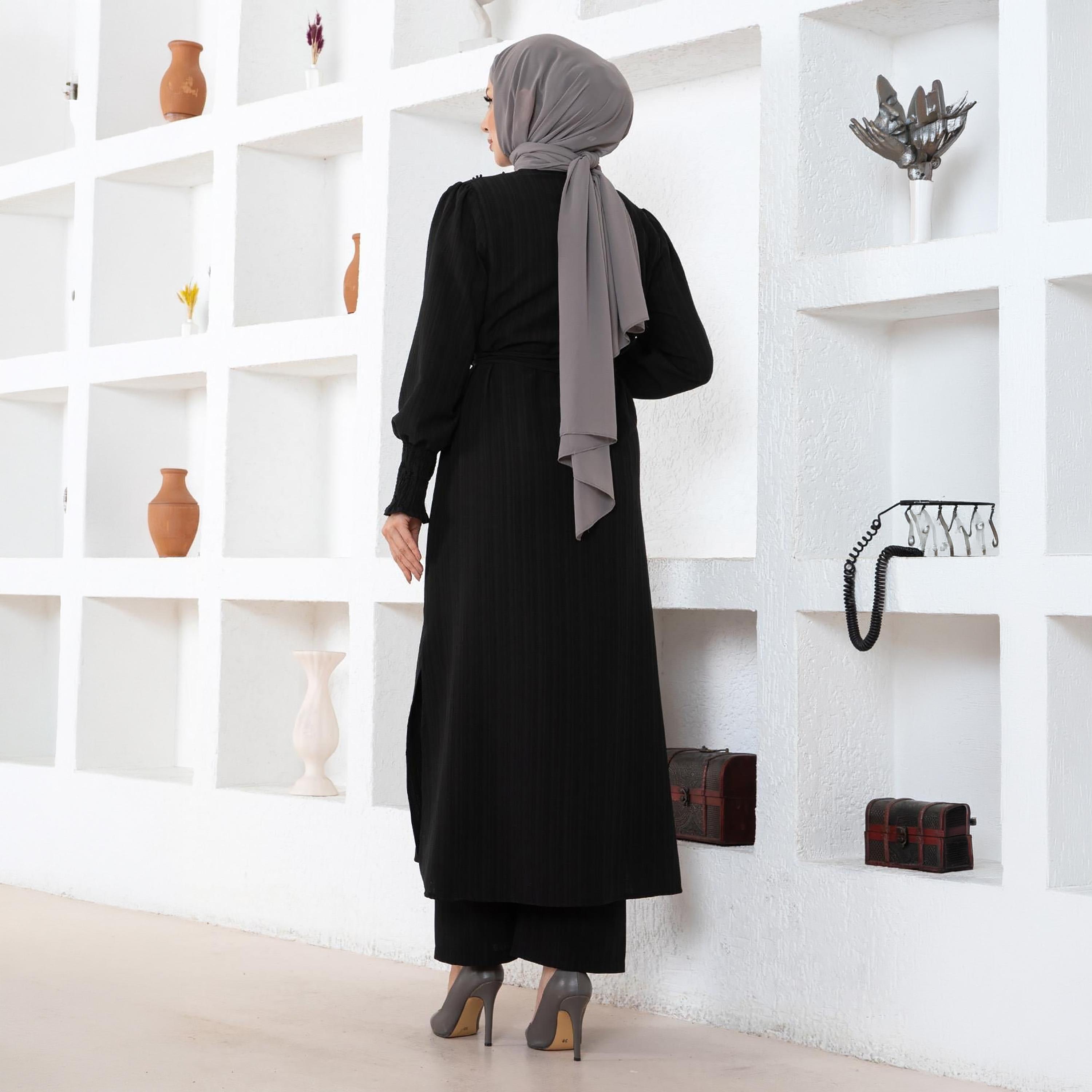 طقم نسائي من تونيك طويل وبنطلون من الكتان مزين باللؤلؤ من توركيش سوق-women-clothing-coordsets-image-3