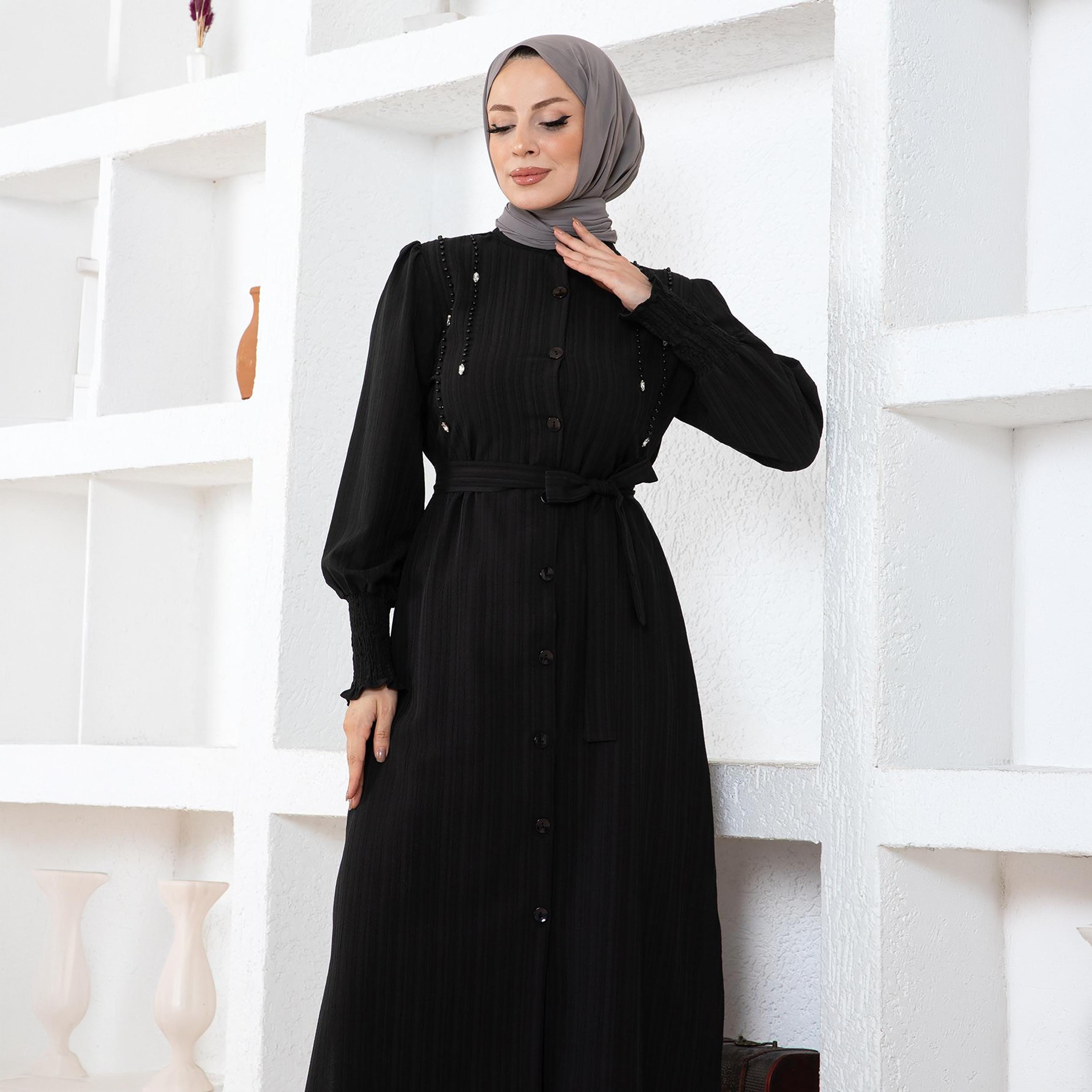 طقم نسائي من تونيك طويل وبنطلون من الكتان مزين باللؤلؤ من توركيش سوق-women-clothing-coordsets-image-4