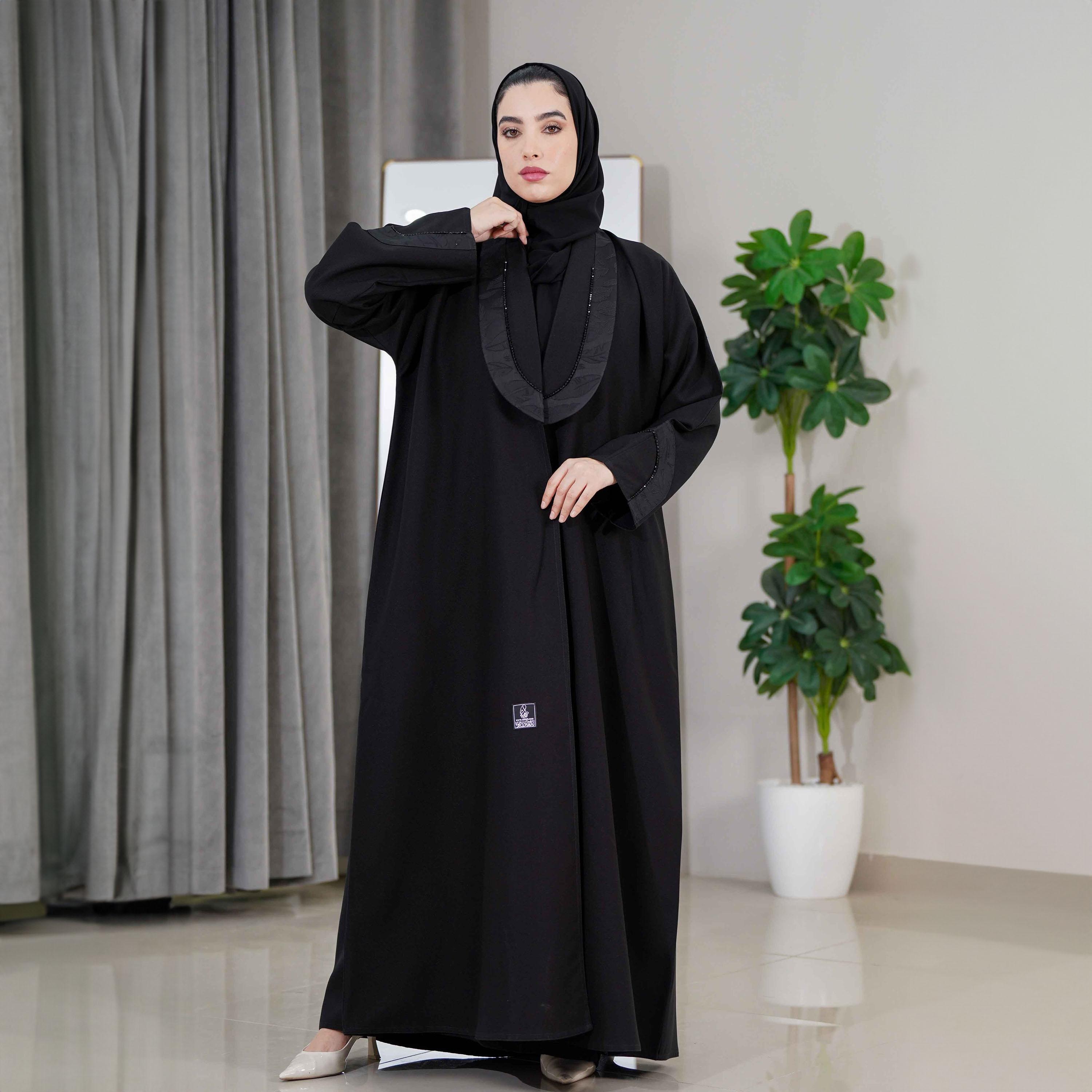 Zahiyh Black Shawl Lapel Beaded Detailed Abaya with Tarha-women-arabicclothing-abayas-image-1