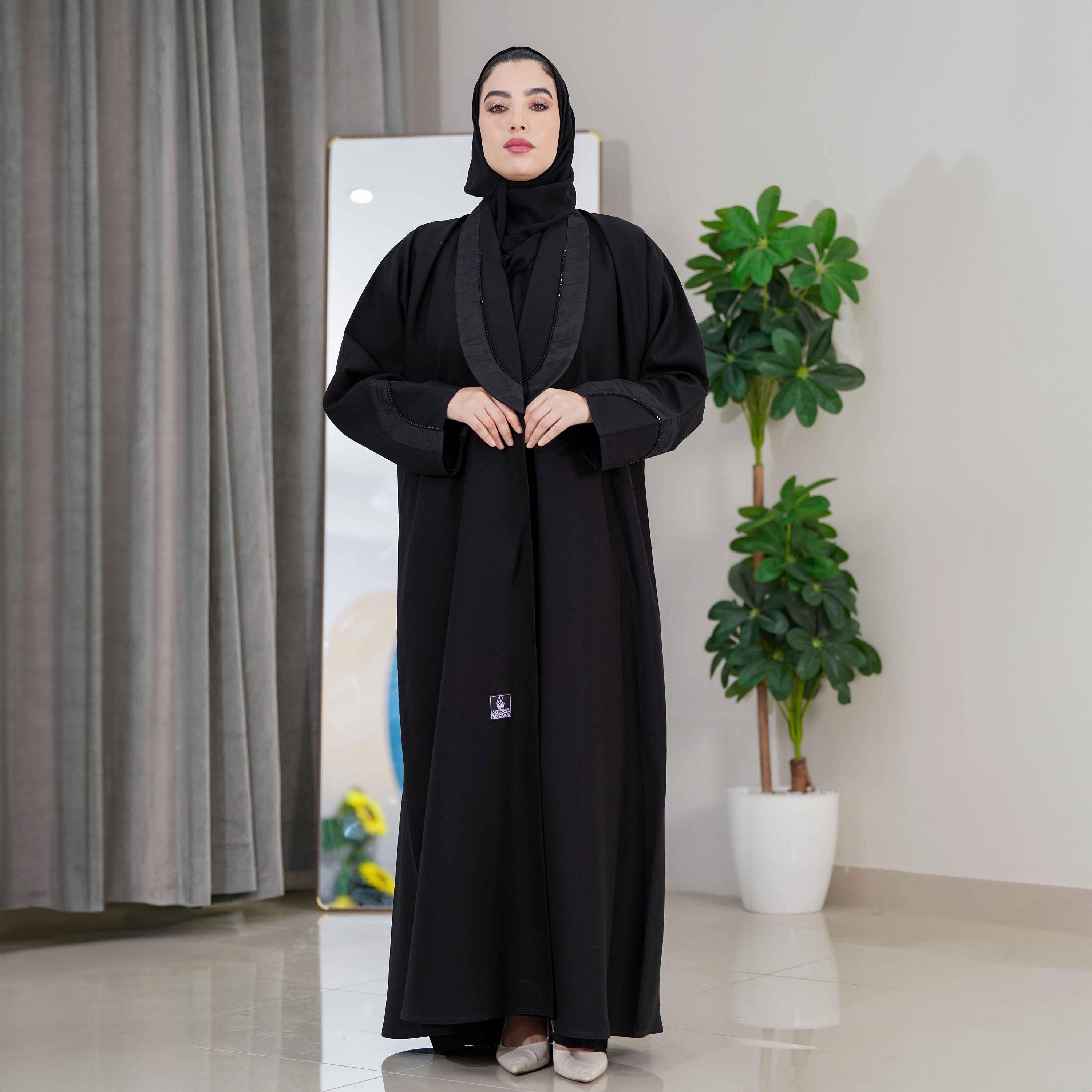 Zahiyh Black Shawl Lapel Beaded Detailed Abaya with Tarha-women-arabicclothing-abayas-image-2