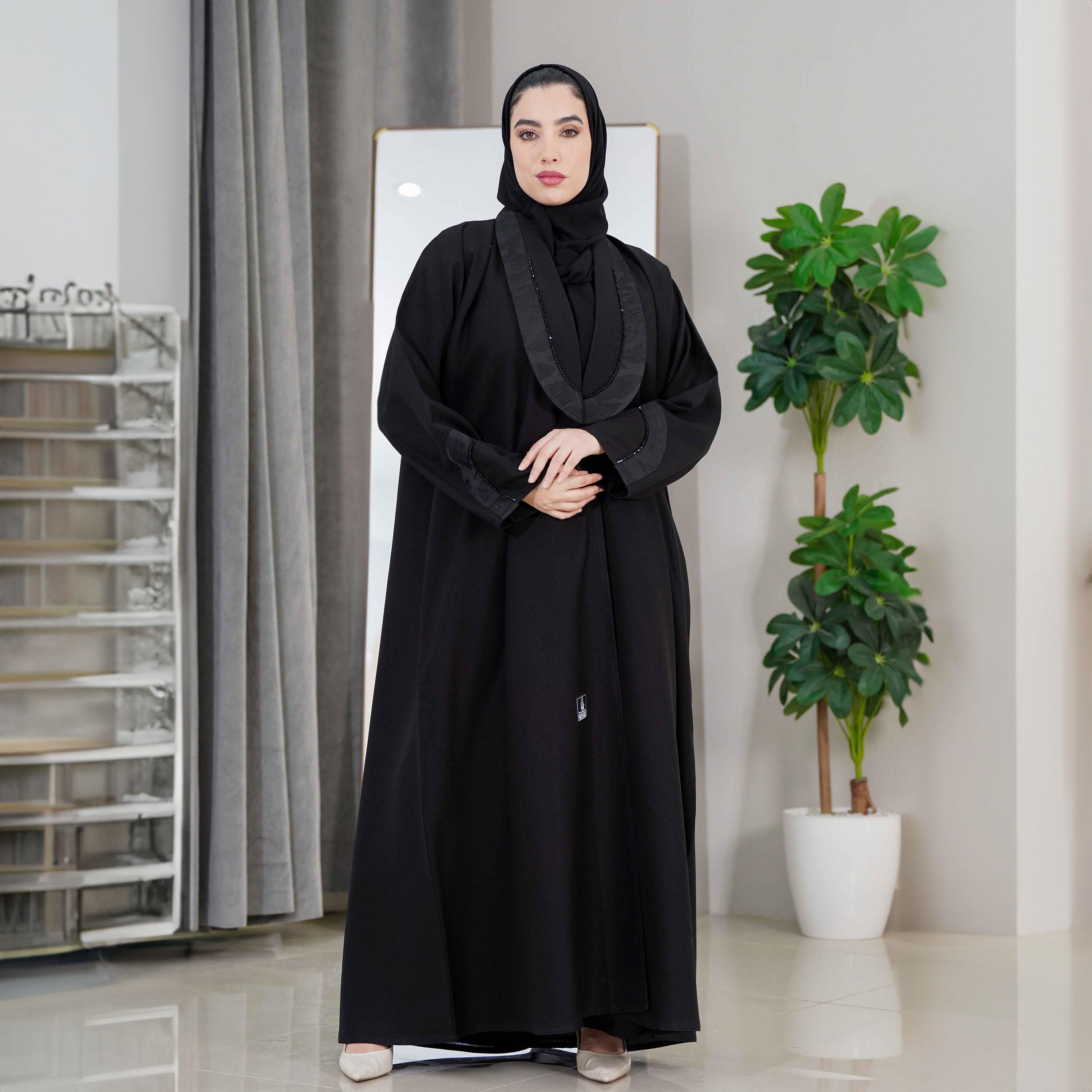 Zahiyh Black Shawl Lapel Beaded Detailed Abaya with Tarha-women-arabicclothing-abayas-image-3