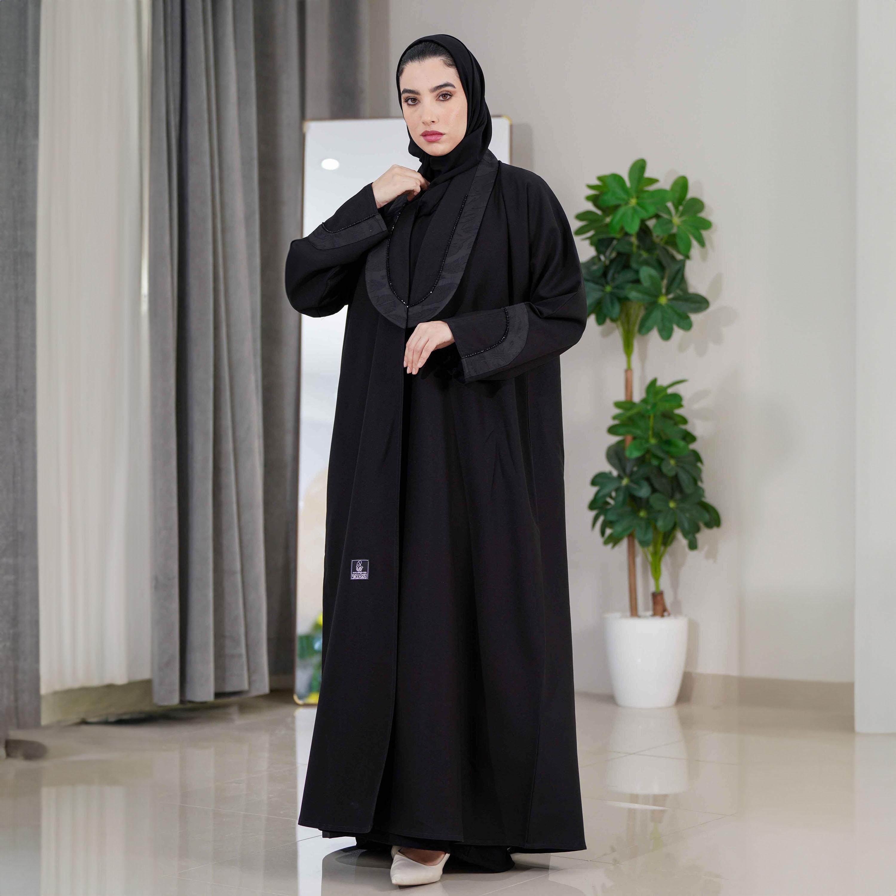 Zahiyh Black Shawl Lapel Beaded Detailed Abaya with Tarha-women-arabicclothing-abayas-image-4