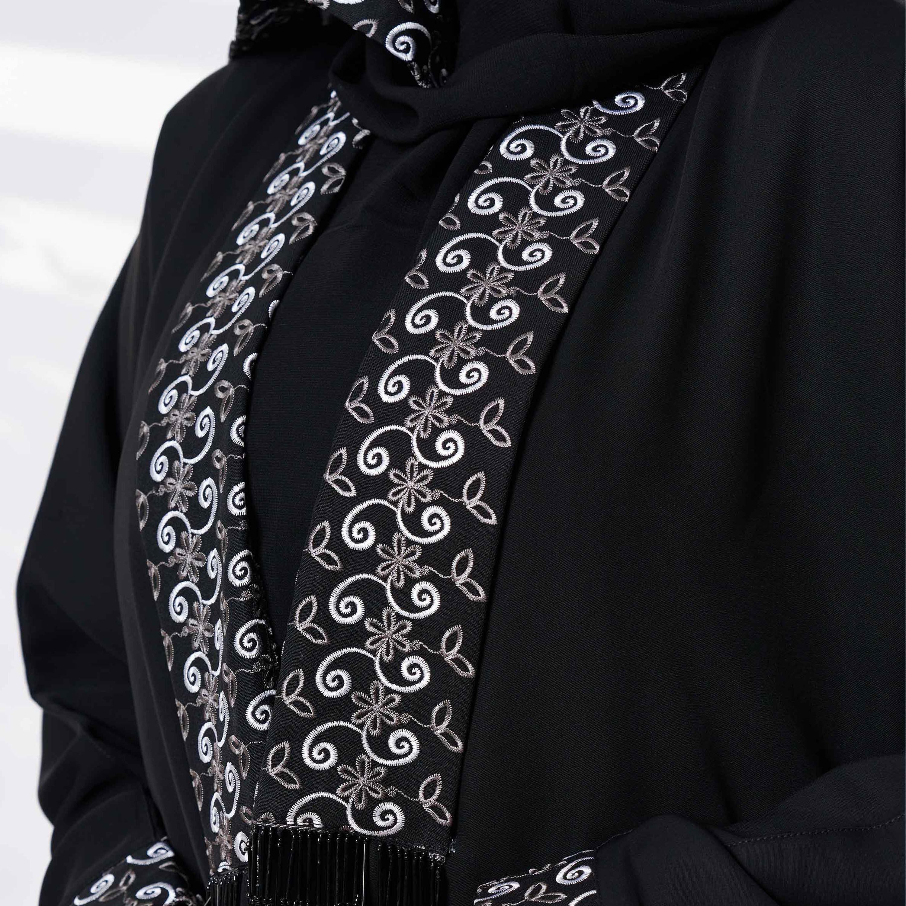 Zahiyh Black Shawl Lapel Embroidered Abaya with Tarha-women-arabicclothing-abayas-image-2