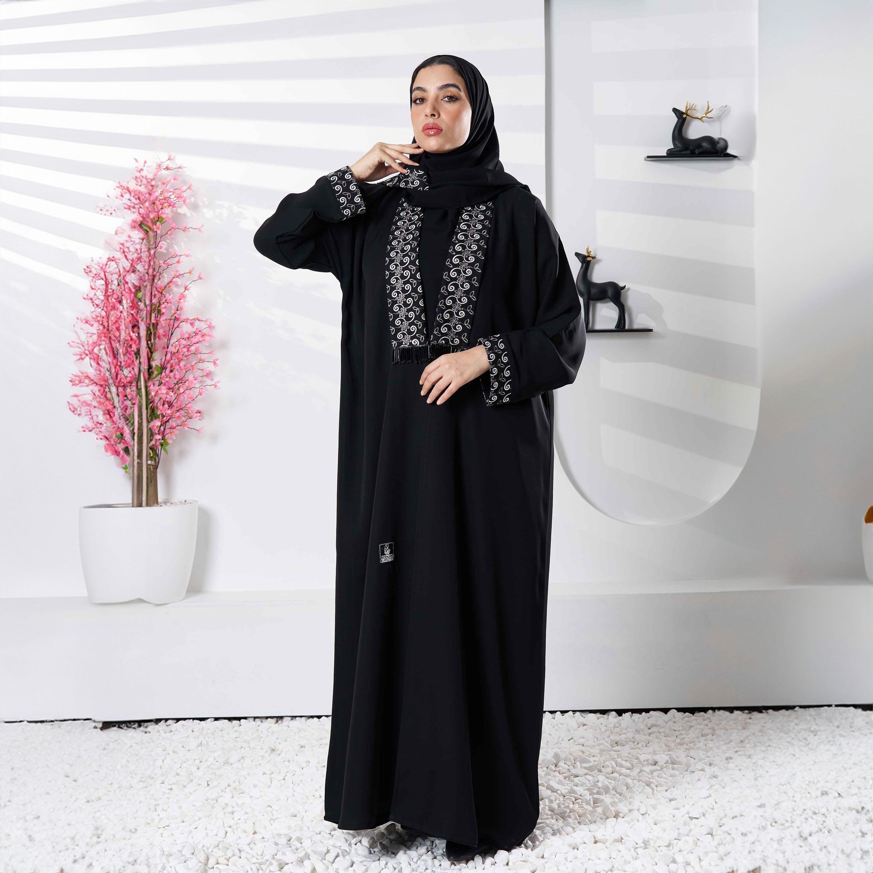 Zahiyh Black Shawl Lapel Embroidered Abaya with Tarha-women-arabicclothing-abayas-image-3