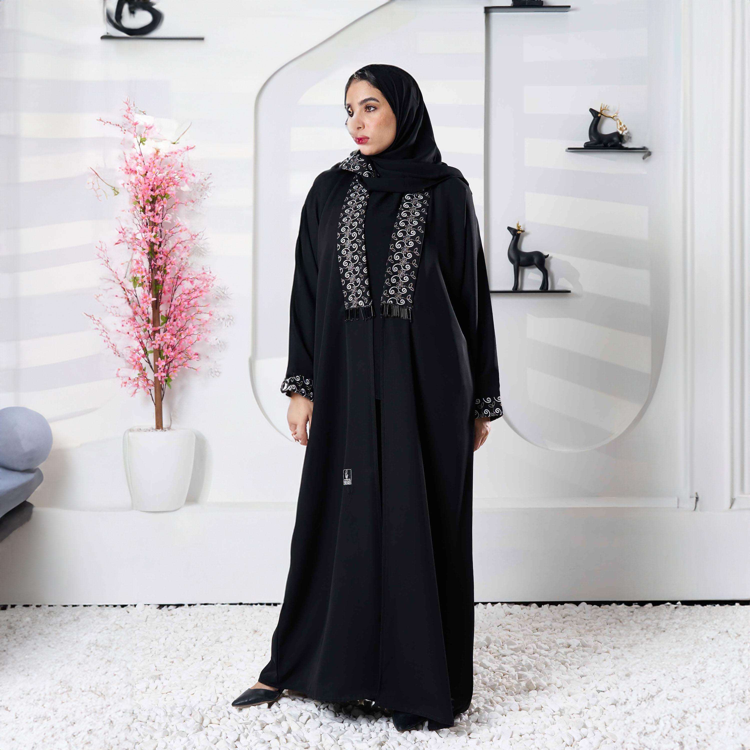 Zahiyh Black Shawl Lapel Embroidered Abaya with Tarha-women-arabicclothing-abayas-image-4