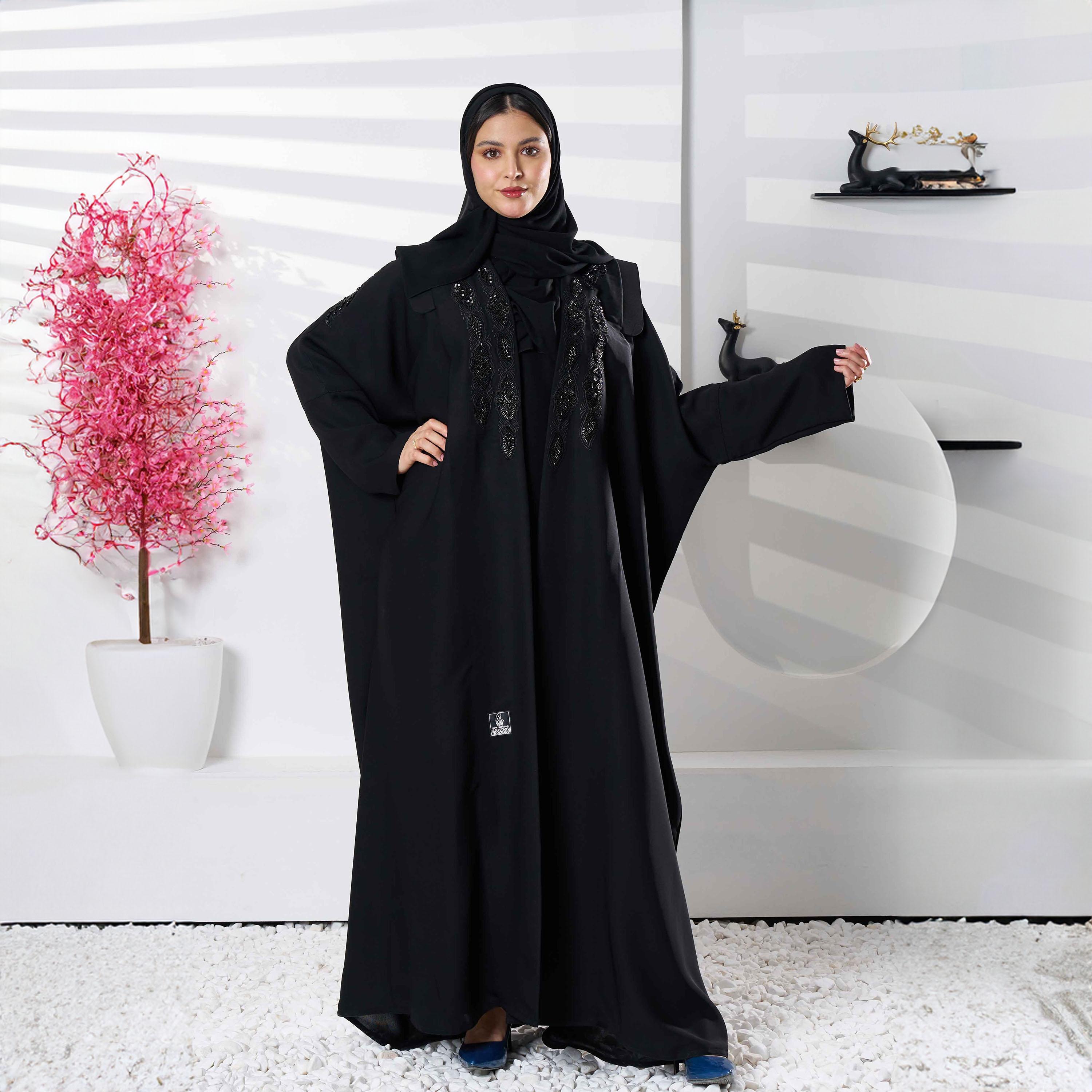 Zahiyh Black Batwing Sleeves Embroidered & Beaded Abaya with Tarha-women-arabicclothing-abayas-image-1