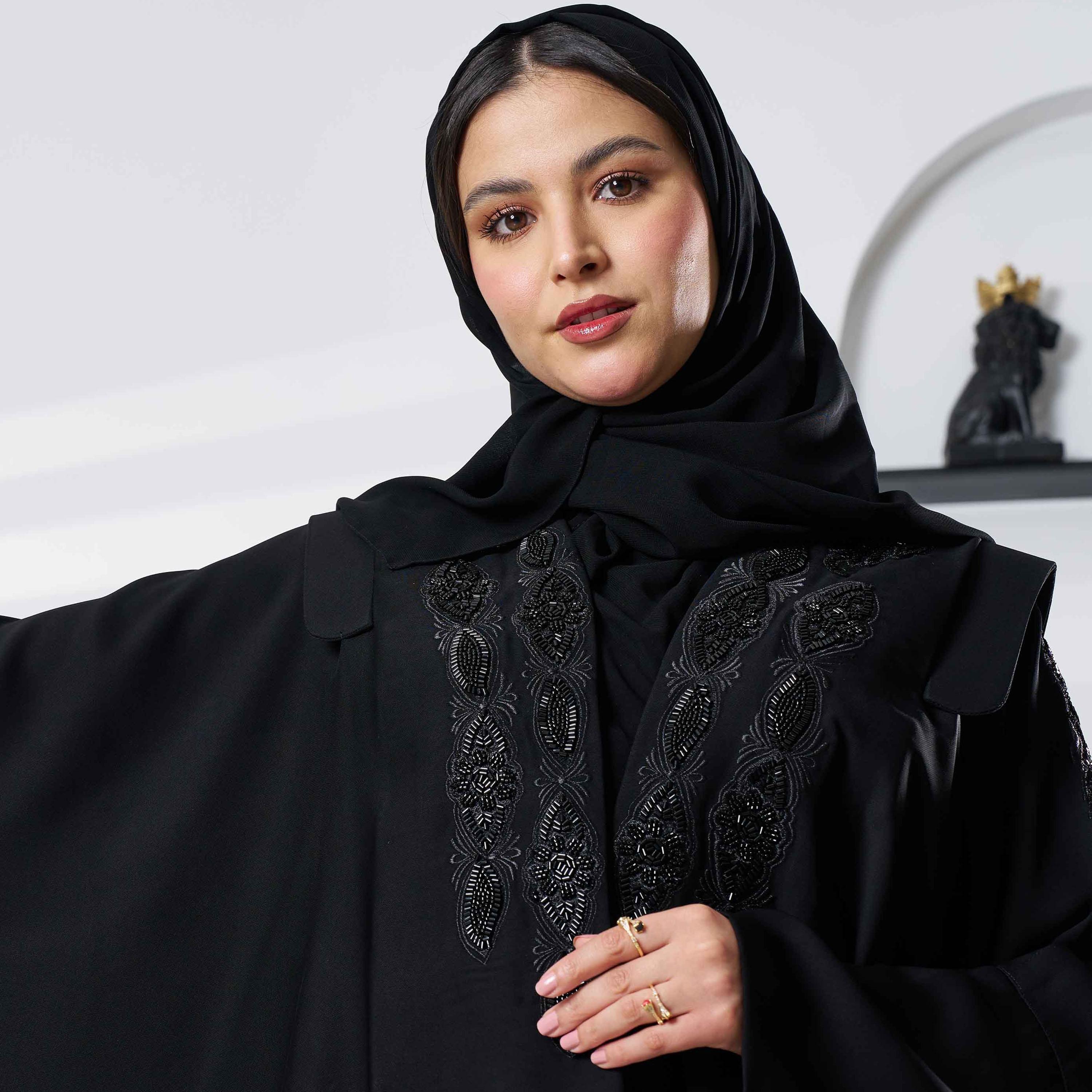 Zahiyh Black Batwing Sleeves Embroidered & Beaded Abaya with Tarha-women-arabicclothing-abayas-image-3