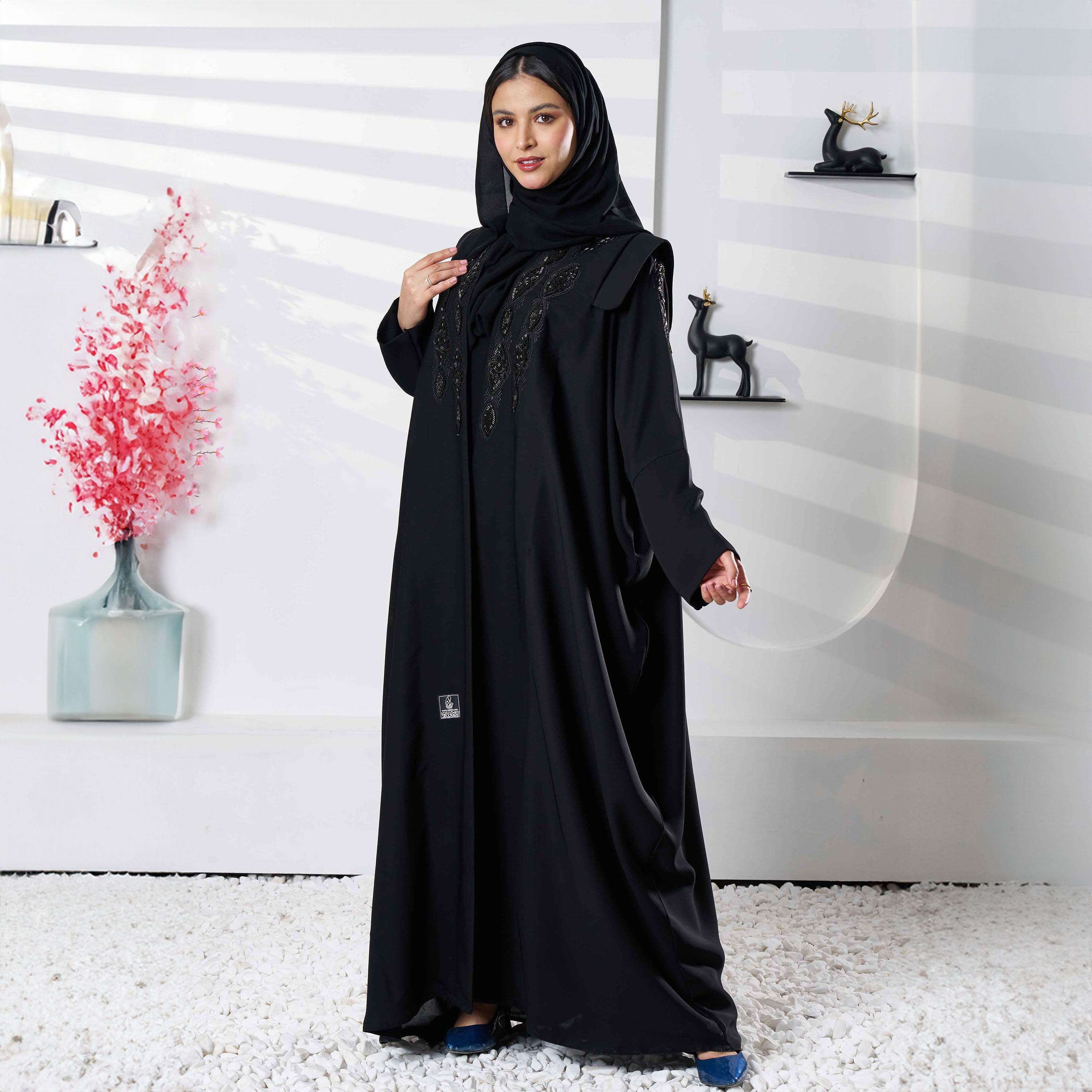 Zahiyh Black Batwing Sleeves Embroidered & Beaded Abaya with Tarha-women-arabicclothing-abayas-image-4