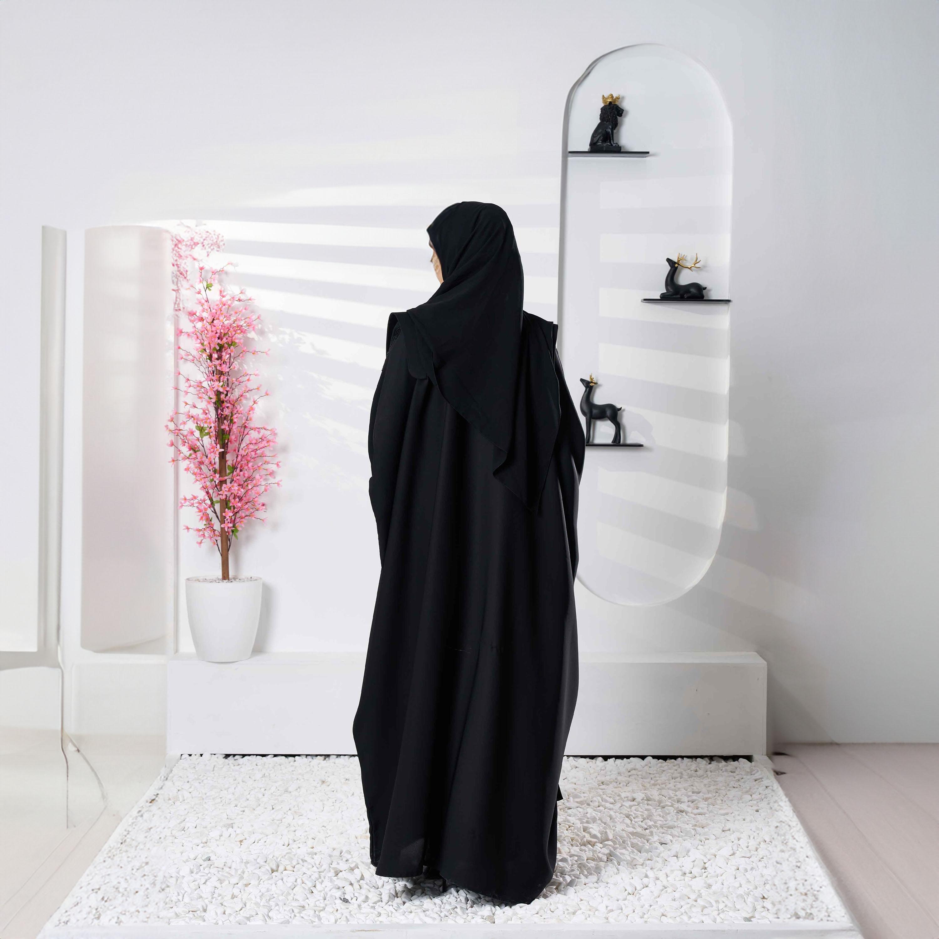 Zahiyh Black Batwing Sleeves Embroidered & Beaded Abaya with Tarha-women-arabicclothing-abayas-image-5