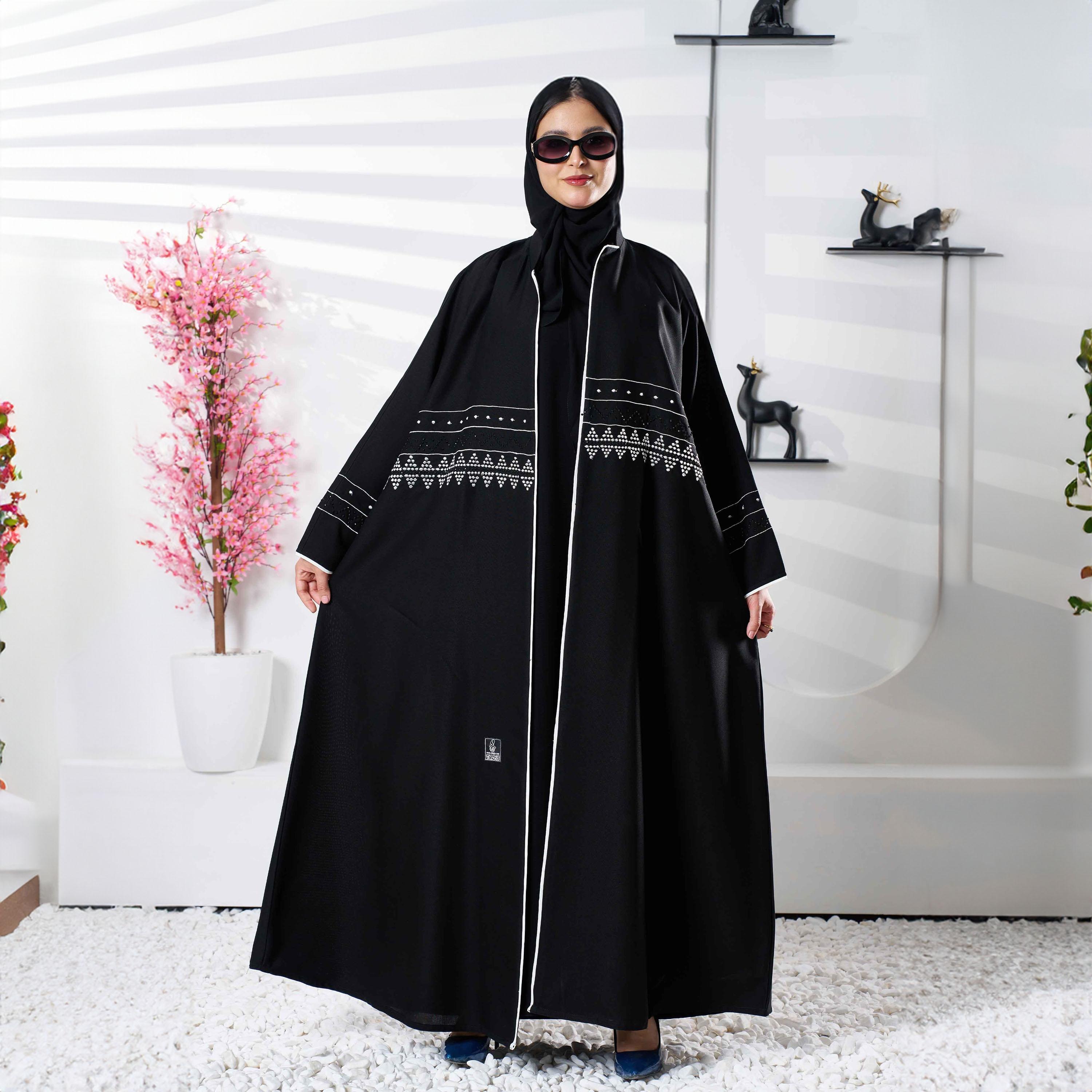 Zahiyh Black Embroidered & Sequin Abaya with Tarha-women-arabicclothing-abayas-image-1