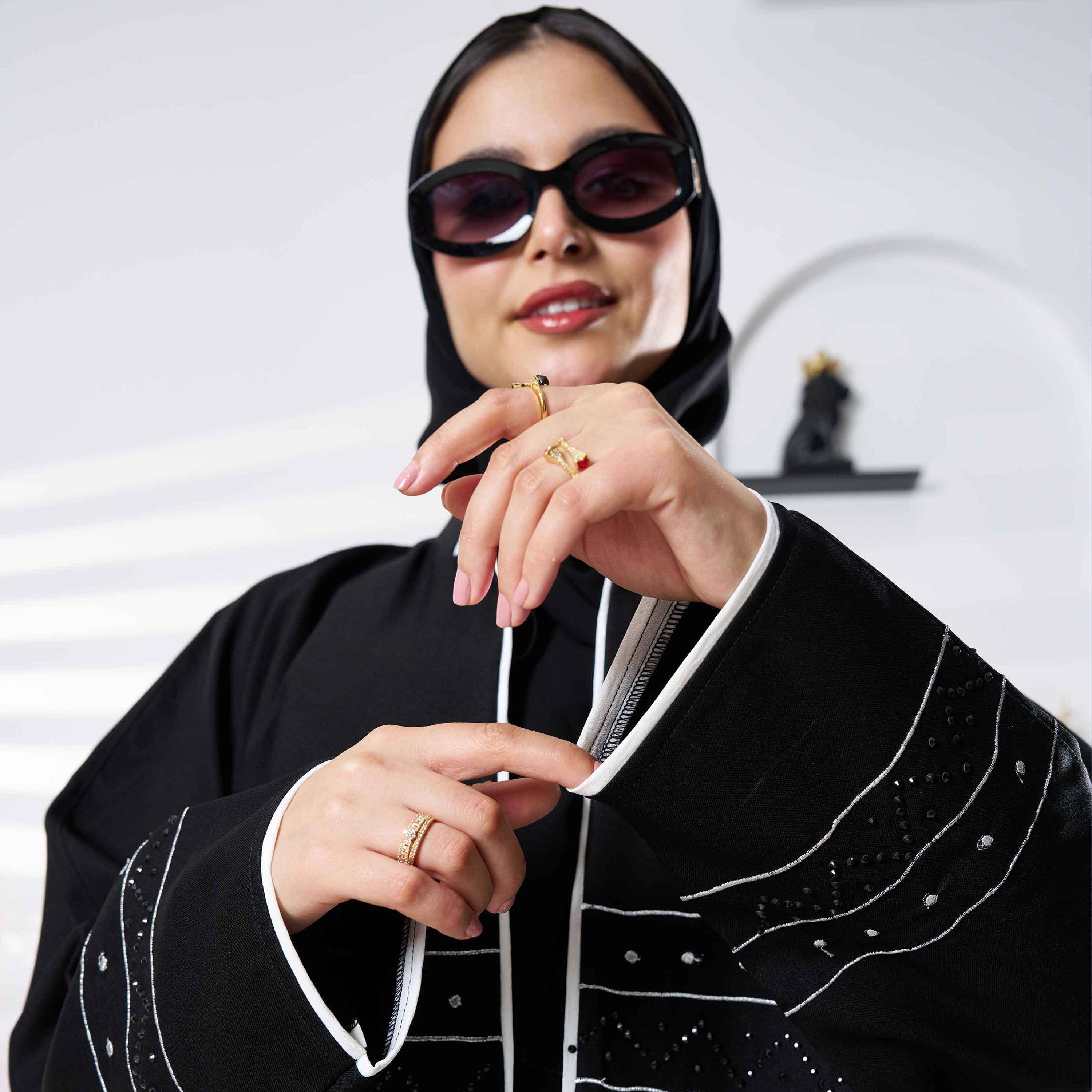 Zahiyh Black Embroidered & Sequin Abaya with Tarha-women-arabicclothing-abayas-image-2