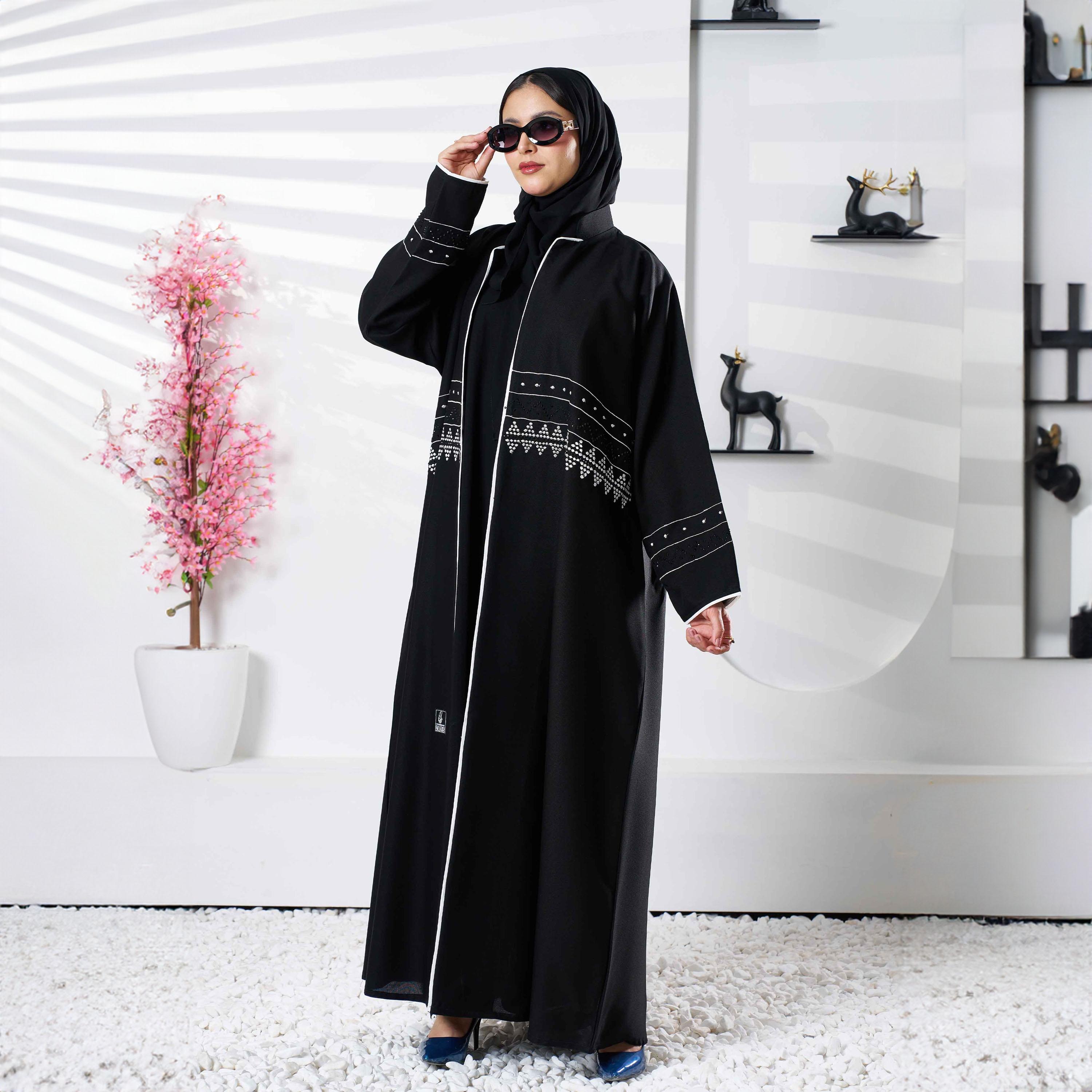 Zahiyh Black Embroidered & Sequin Abaya with Tarha-women-arabicclothing-abayas-image-3